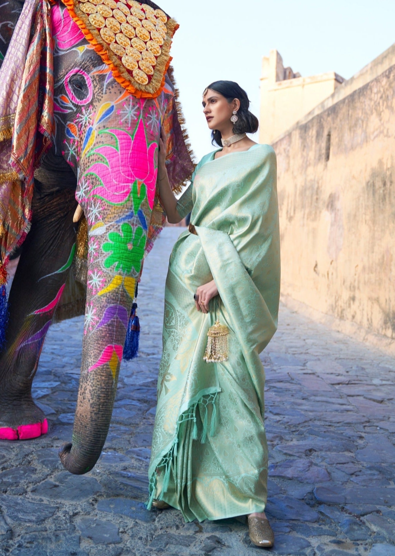 Pista Banarasi Jamawar Woven Silk Saree