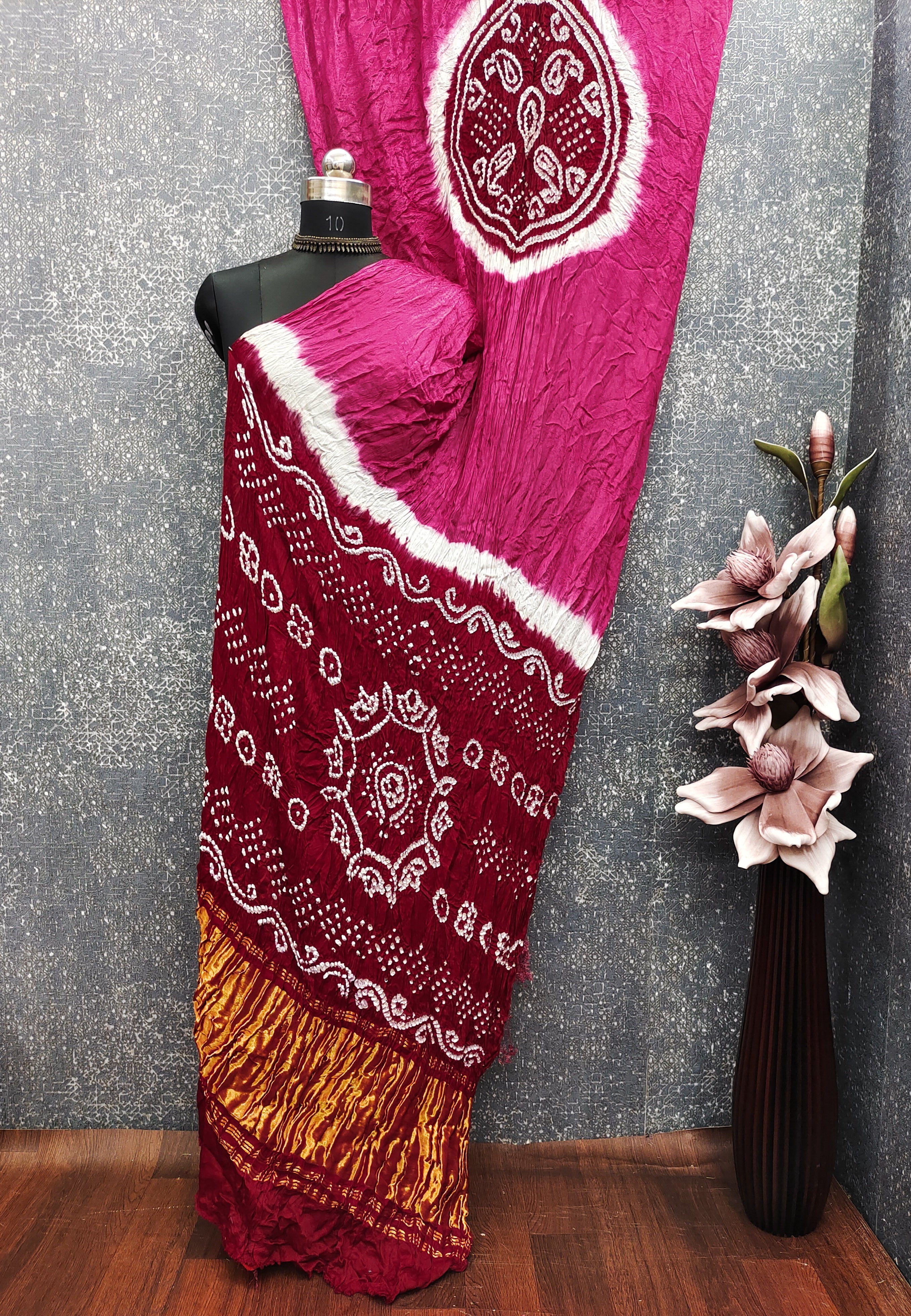 Rani Wth Maroon Kasumbo Bandhej Pure Modal Silk Shibori Bandhani With Zari Pallu