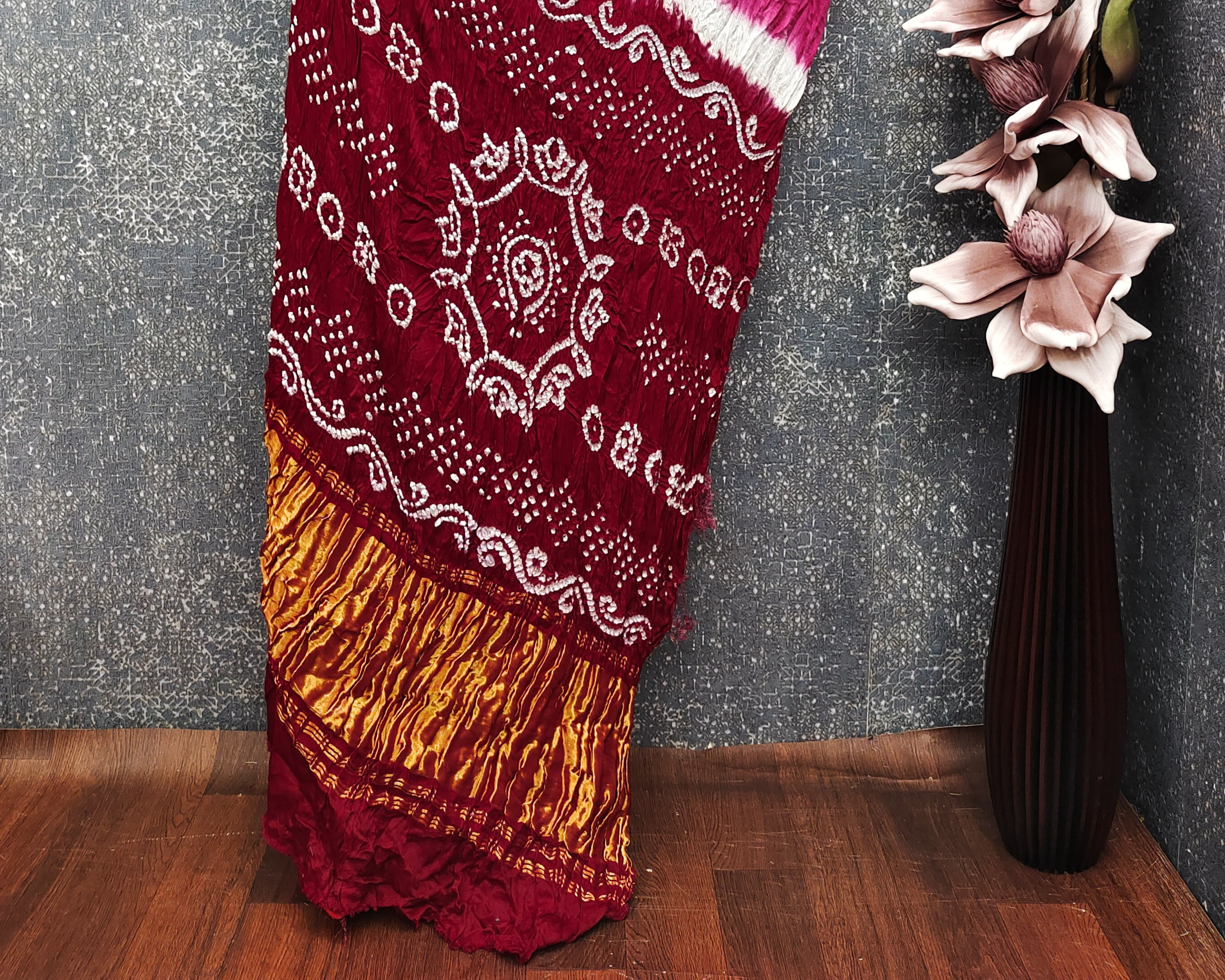 Rani Wth Maroon Kasumbo Bandhej Pure Modal Silk Shibori Bandhani With Zari Pallu