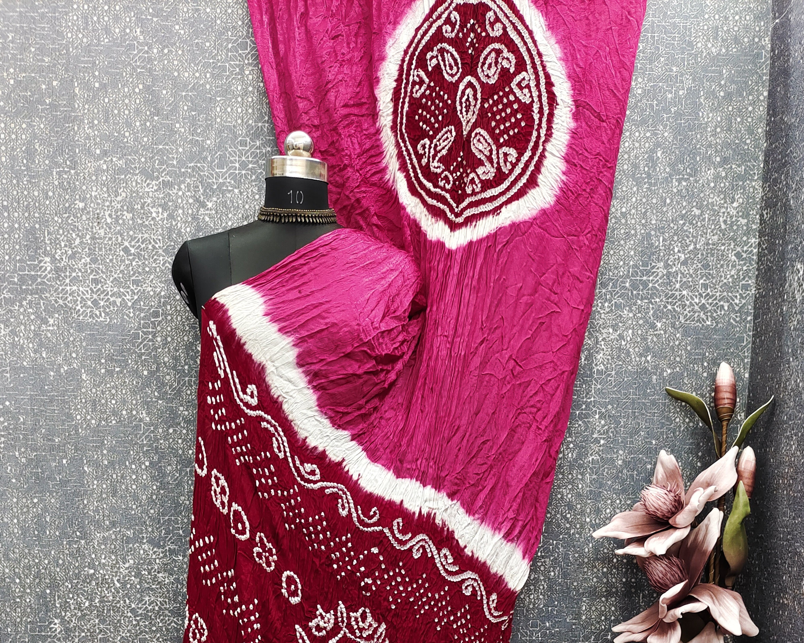 Rani Wth Maroon Kasumbo Bandhej Pure Modal Silk Shibori Bandhani With Zari Pallu