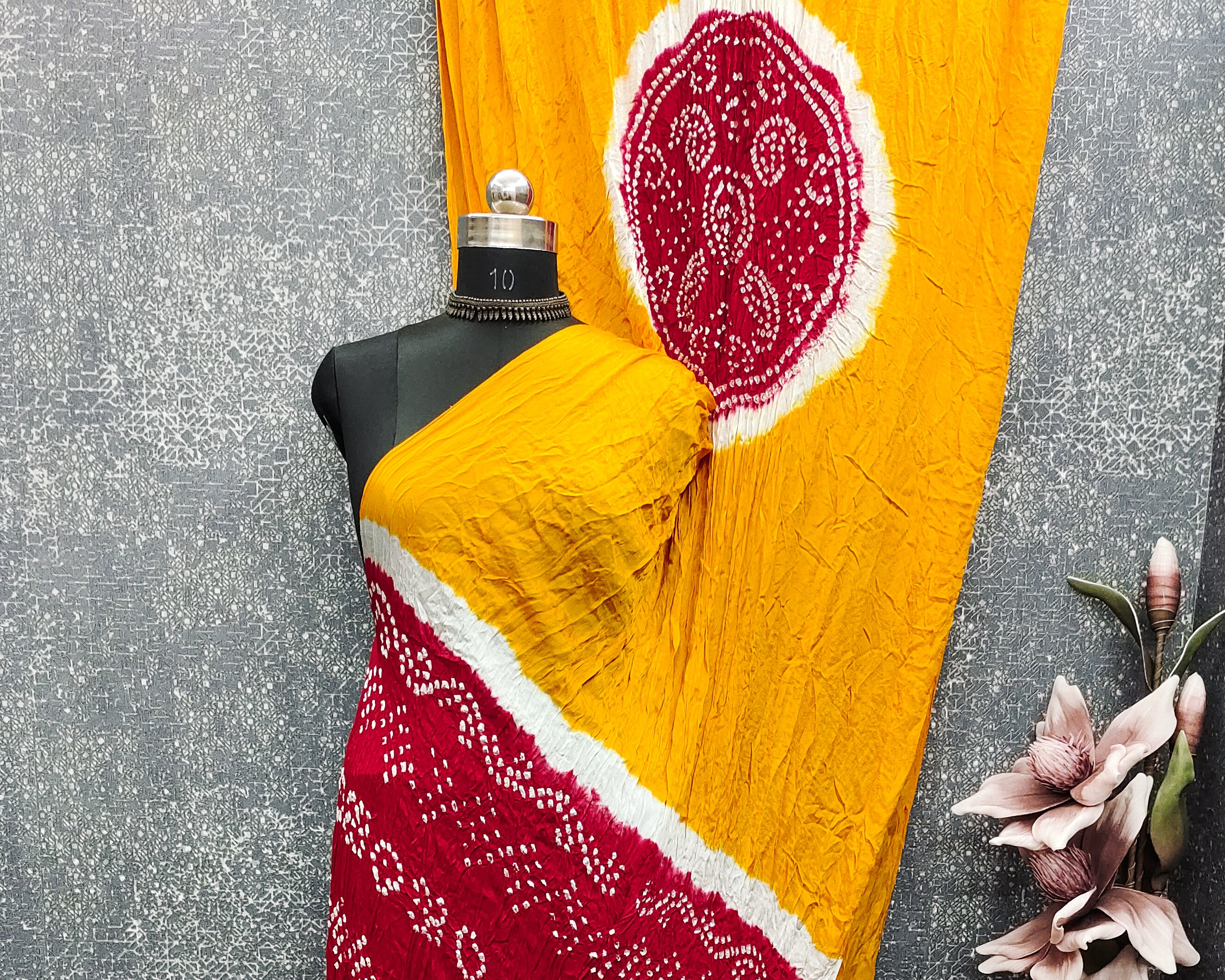 Yellow With Red Kasumbo Bandhej Pure Modal Silk Shibori Bandhani With Zari Pallu
