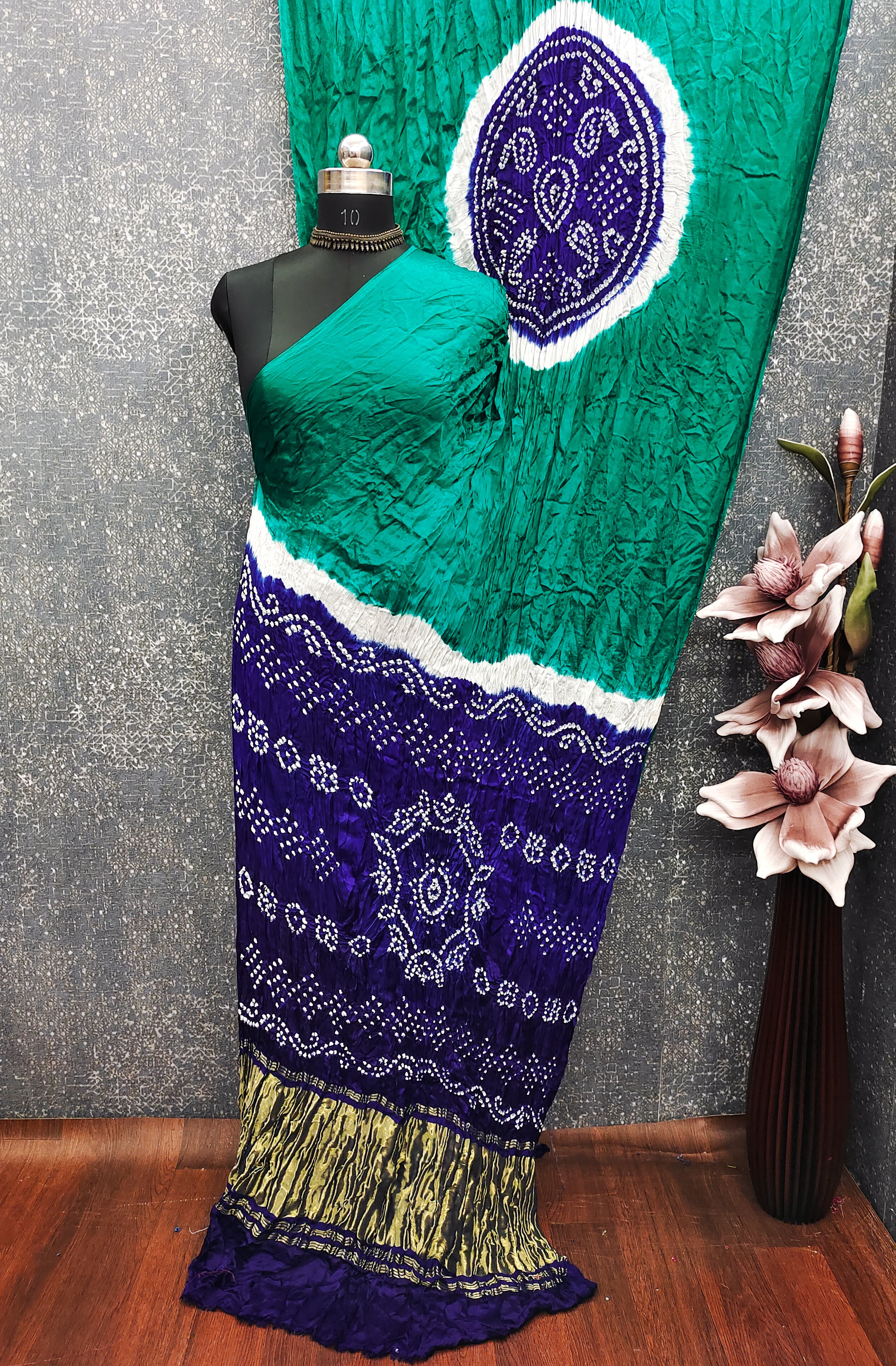 Rama With Blue Kasumbo Bandhej Pure Modal Silk Shibori Bandhani With Zari Pallu