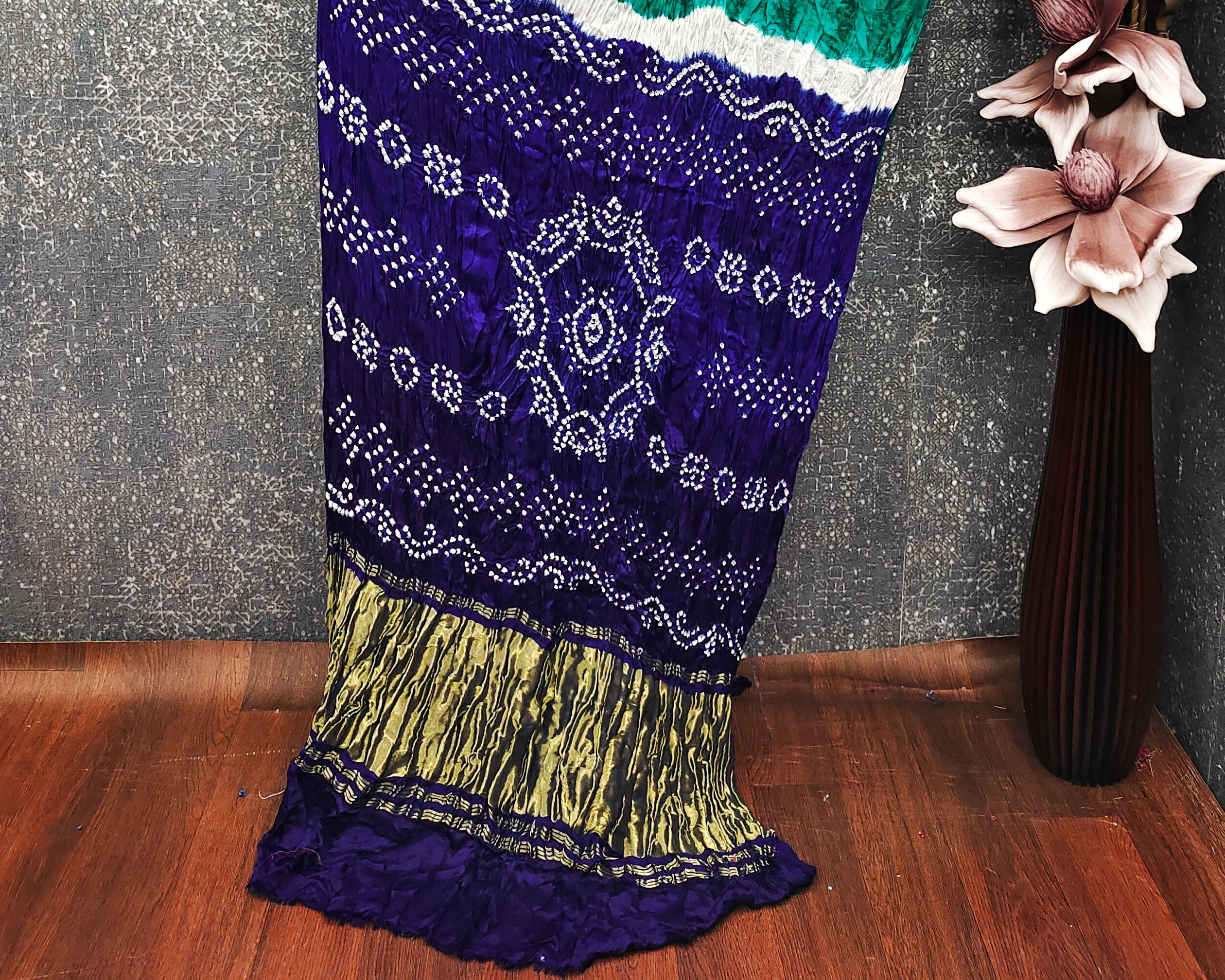 Rama With Blue Kasumbo Bandhej Pure Modal Silk Shibori Bandhani With Zari Pallu