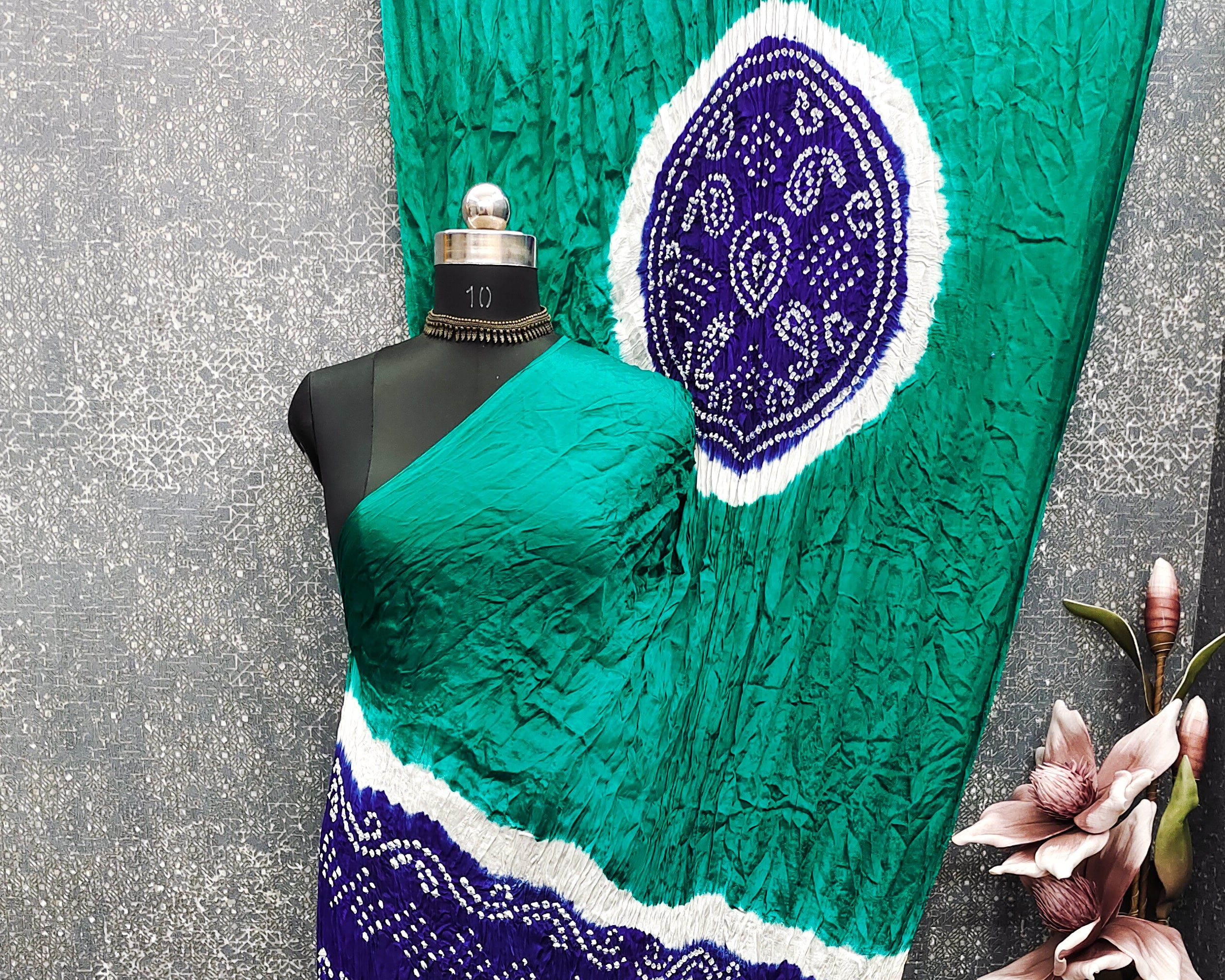 Rama With Blue Kasumbo Bandhej Pure Modal Silk Shibori Bandhani With Zari Pallu