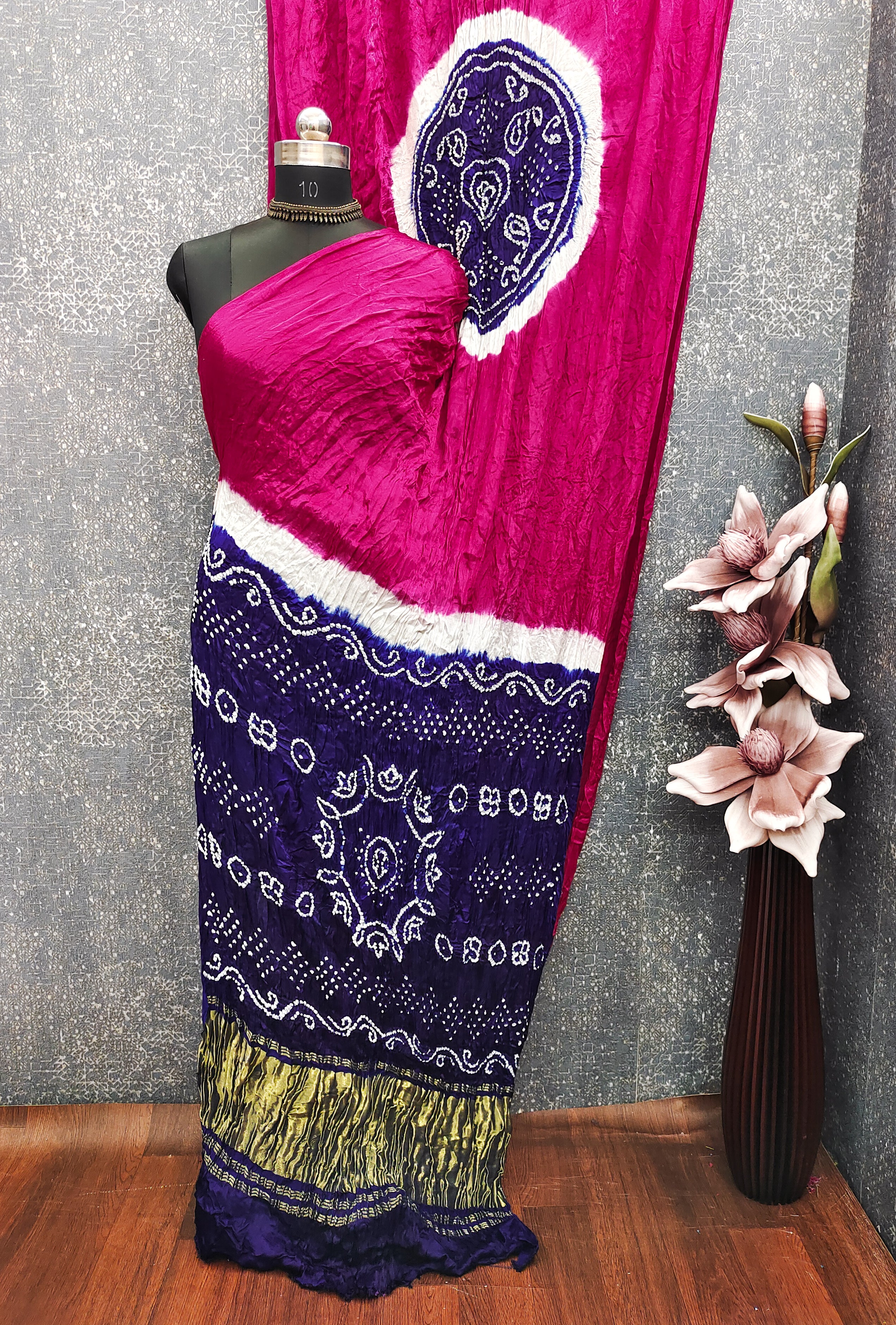 Rani With Blue Kasumbo Bandhej Pure Modal Silk Shibori Bandhani With Zari Pallu