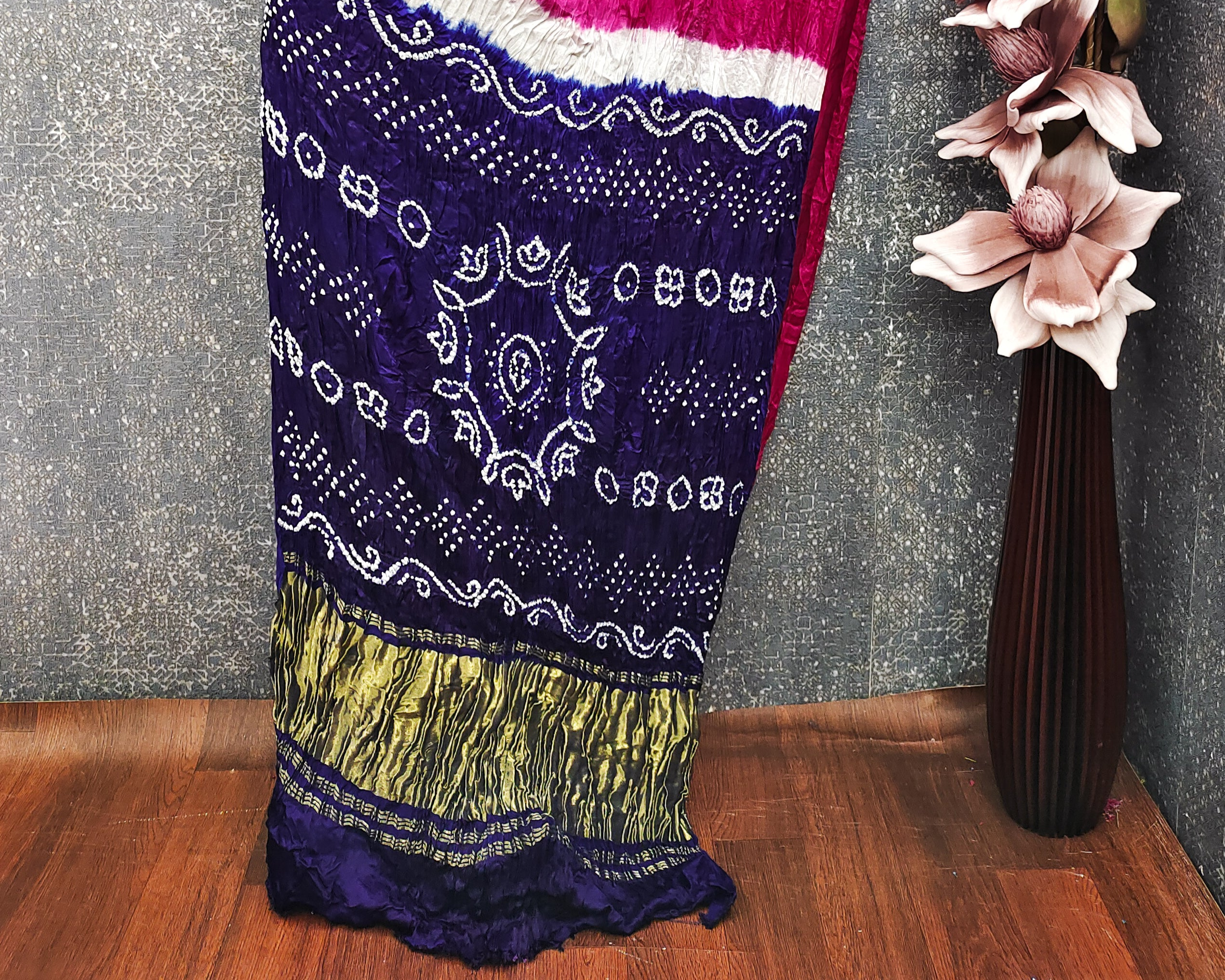 Rani With Blue Kasumbo Bandhej Pure Modal Silk Shibori Bandhani With Zari Pallu
