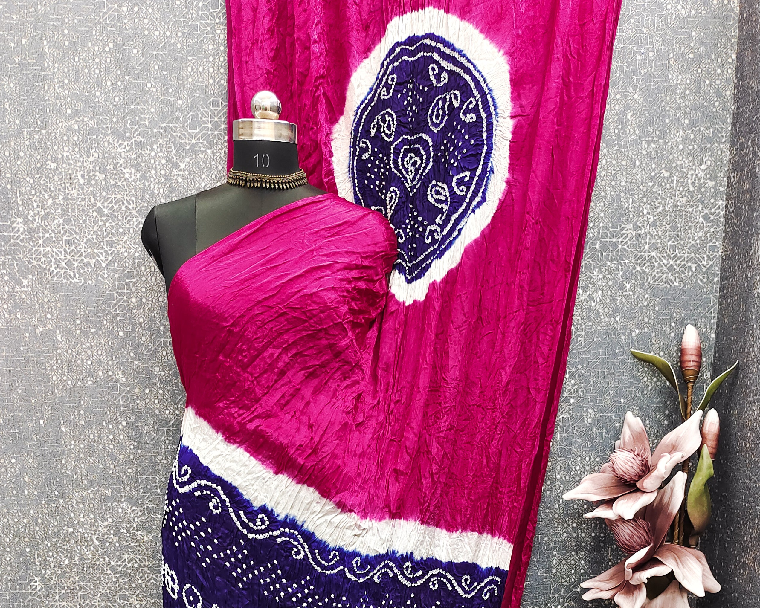 Rani With Blue Kasumbo Bandhej Pure Modal Silk Shibori Bandhani With Zari Pallu