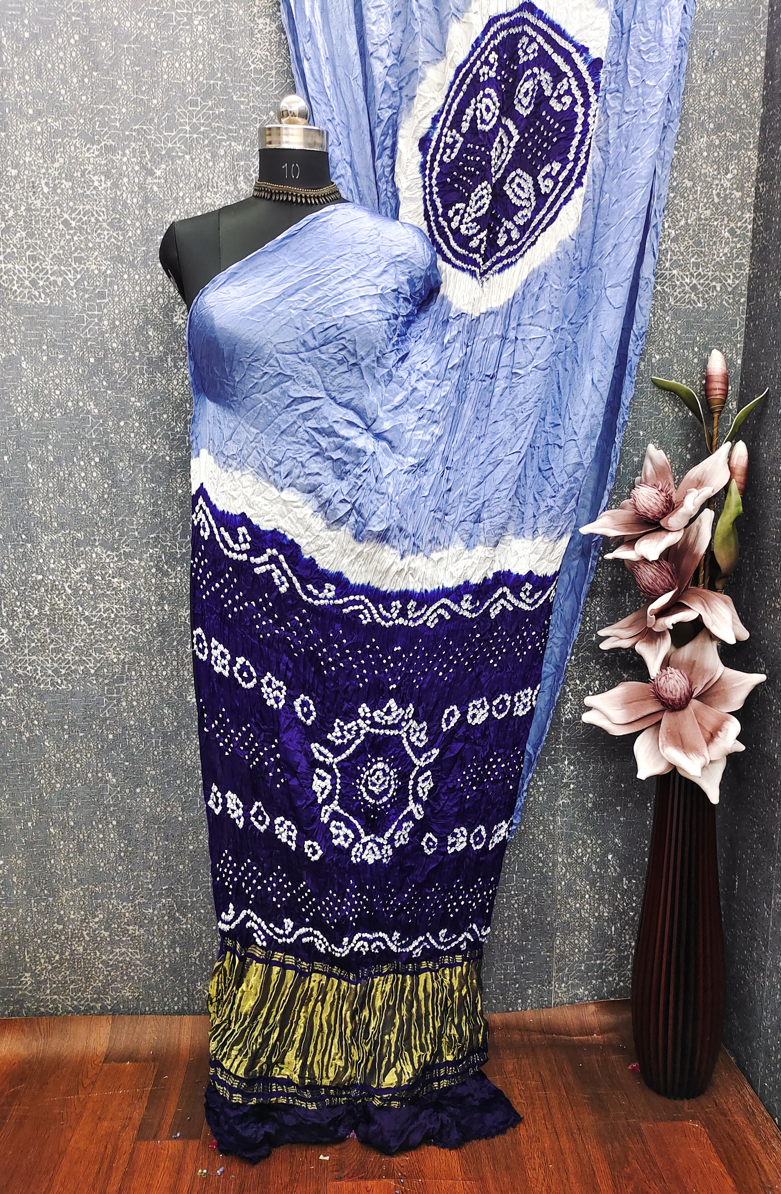 Sky With Blue Kasumbo Bandhej Pure Modal Silk Shibori Bandhani With Zari Pallu