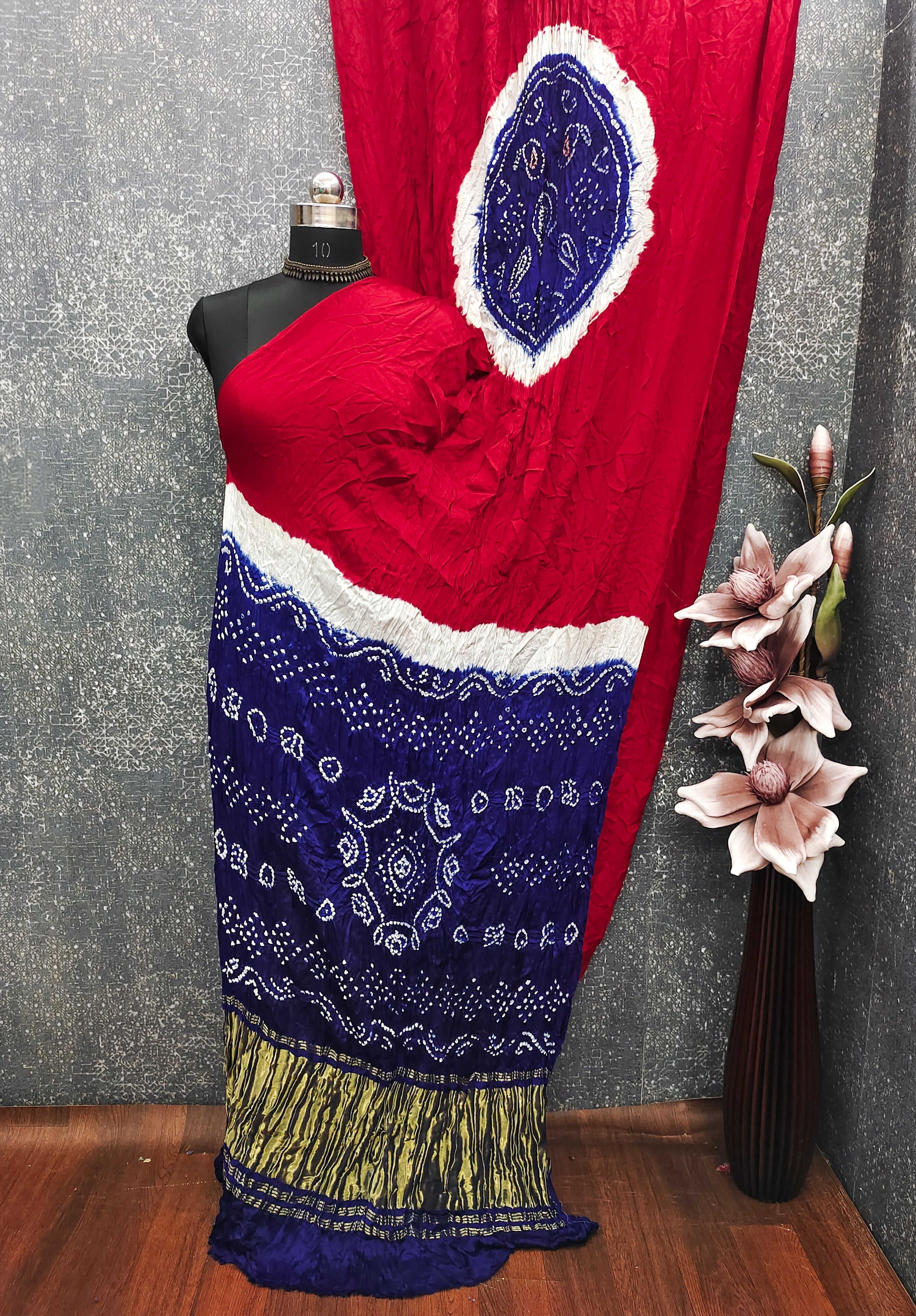 Red With Blue Kasumbo Bandhej Pure Modal Silk Shibori Bandhani With Zari Pallu