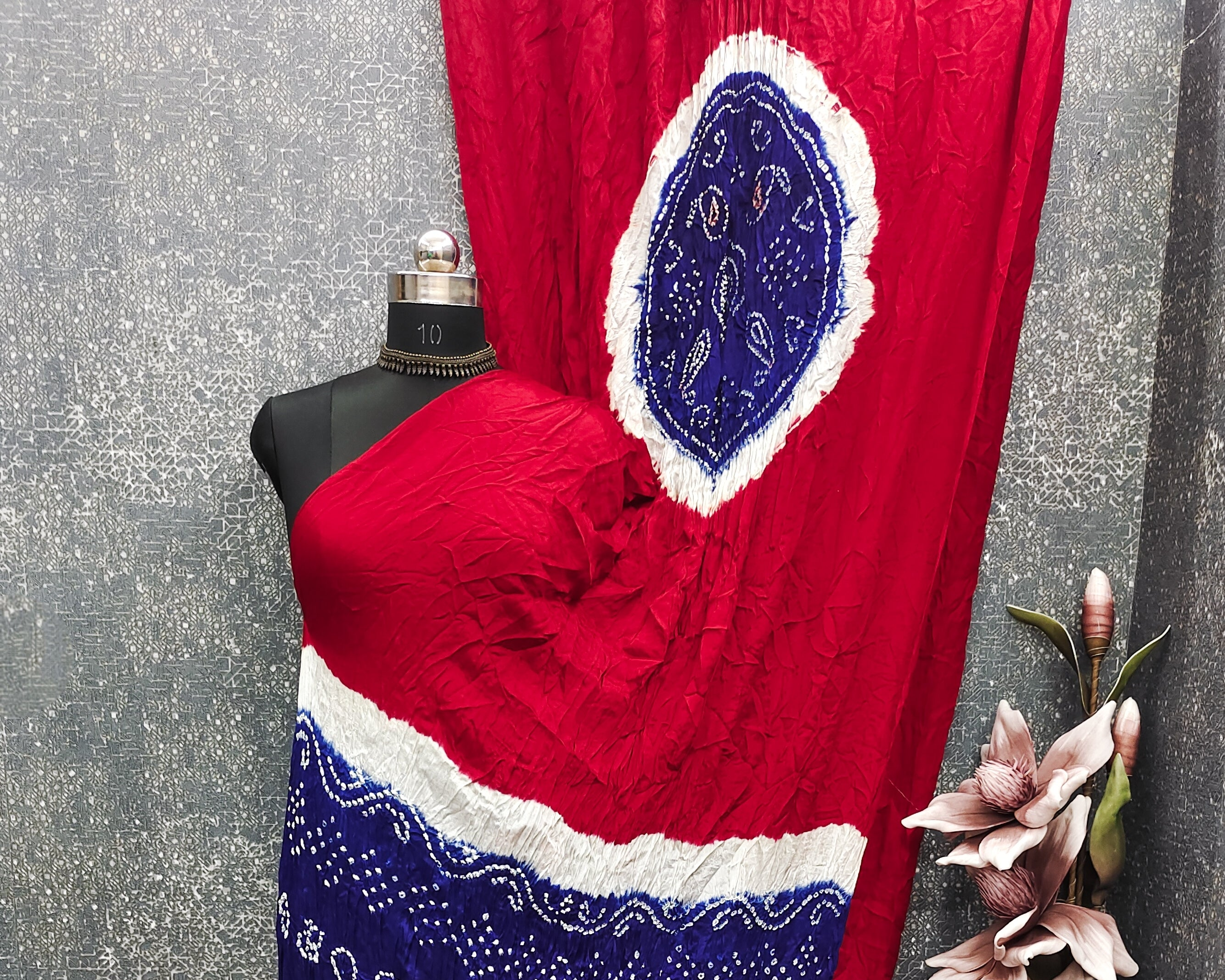 Red With Blue Kasumbo Bandhej Pure Modal Silk Shibori Bandhani With Zari Pallu