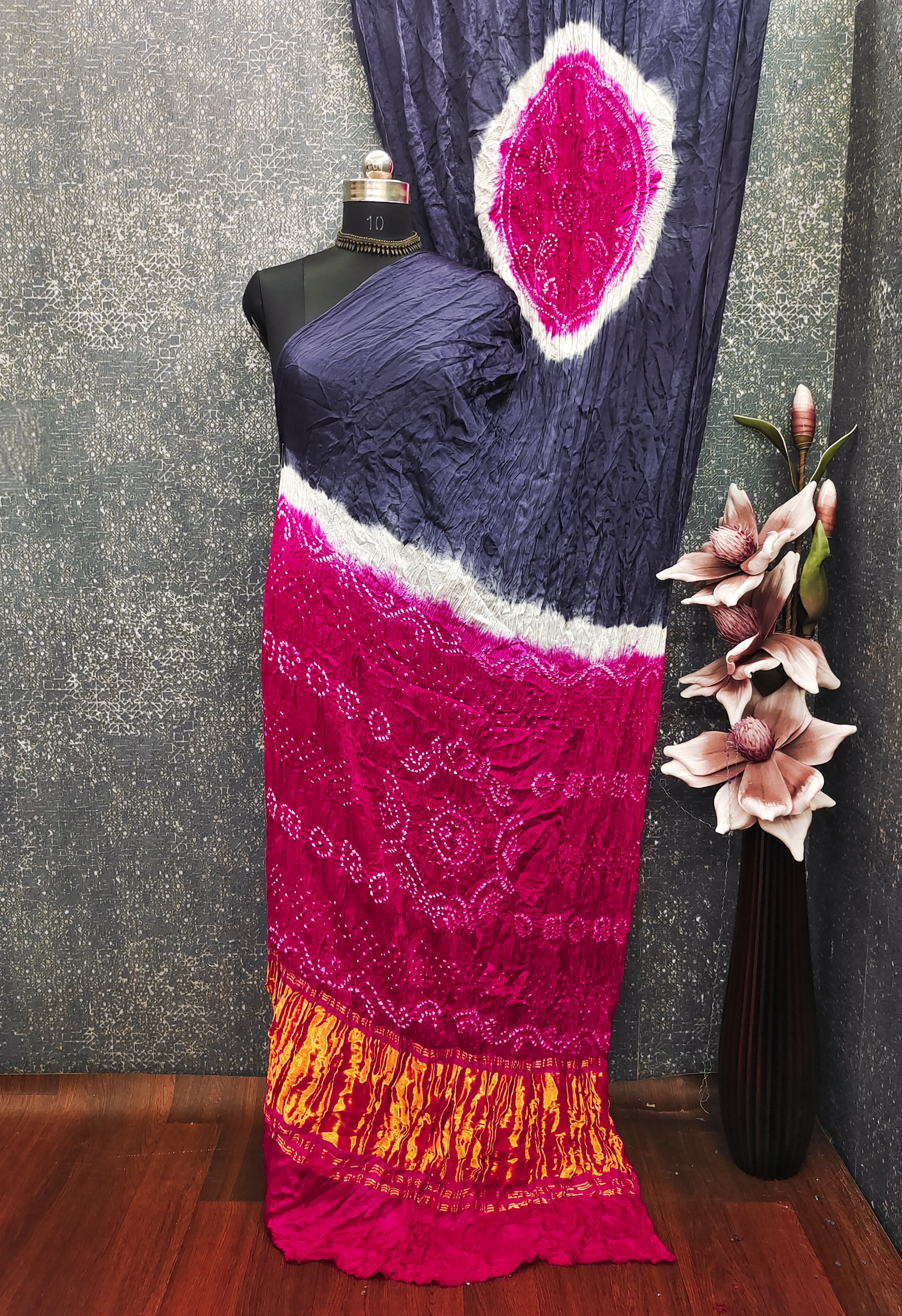 Navy Blue With Rani Kasumbo Bandhej Pure Modal Silk Shibori Bandhani With Zari Pallu
