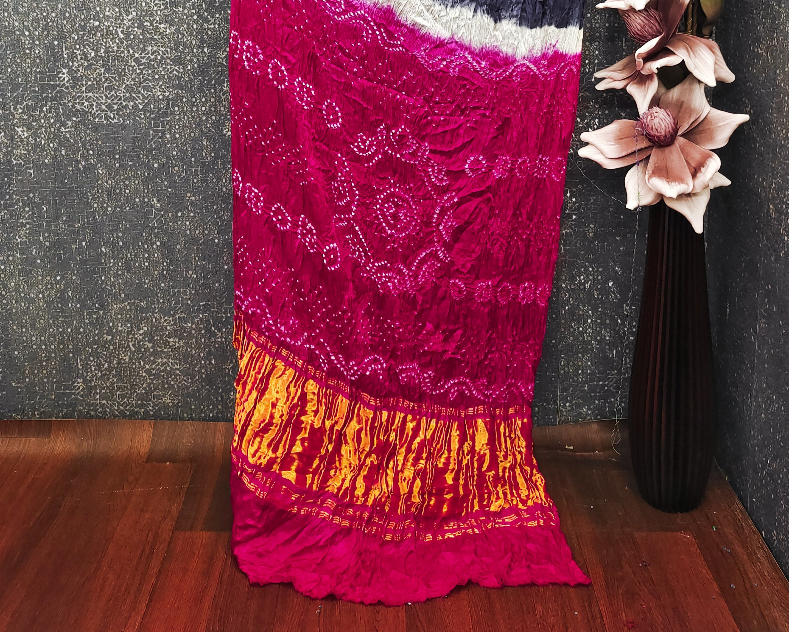 Navy Blue With Rani Kasumbo Bandhej Pure Modal Silk Shibori Bandhani With Zari Pallu