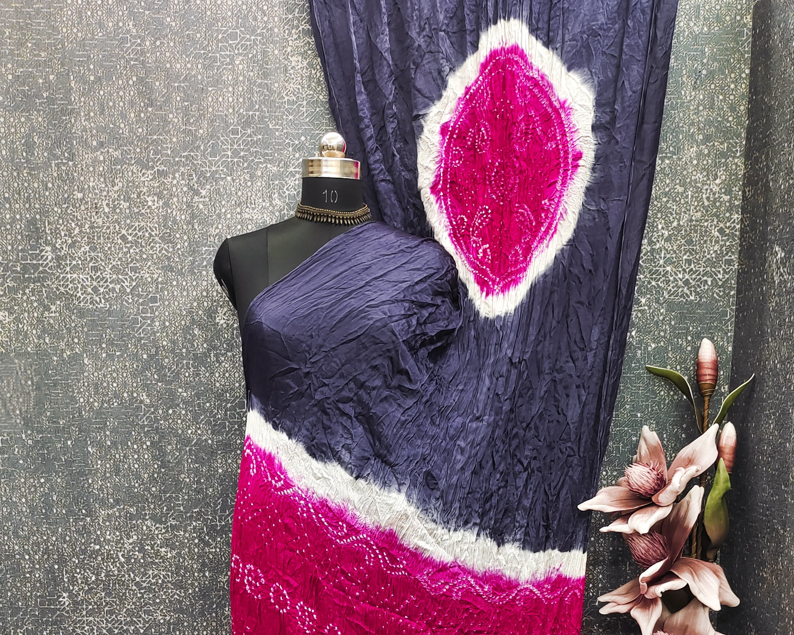 Navy Blue With Rani Kasumbo Bandhej Pure Modal Silk Shibori Bandhani With Zari Pallu