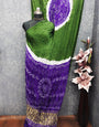 Green With Purple Kasumbo Bandhej Pure Modal Silk Shibori Bandhani With Zari Pallu