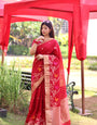 Enamoring Red Linen Silk Saree With Hypnotic Blouse Piece