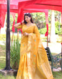 Gleaming Yellow Linen Silk Saree With Hypnotic Blouse Piece