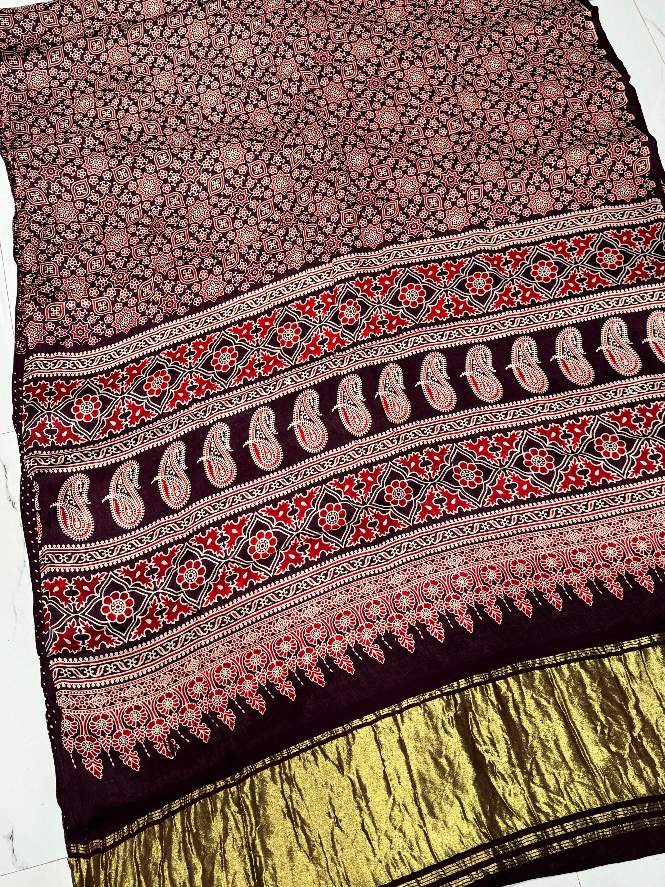New Wine Ajrakh Hand Block Modal Silk Saree With Zari Pallu A1