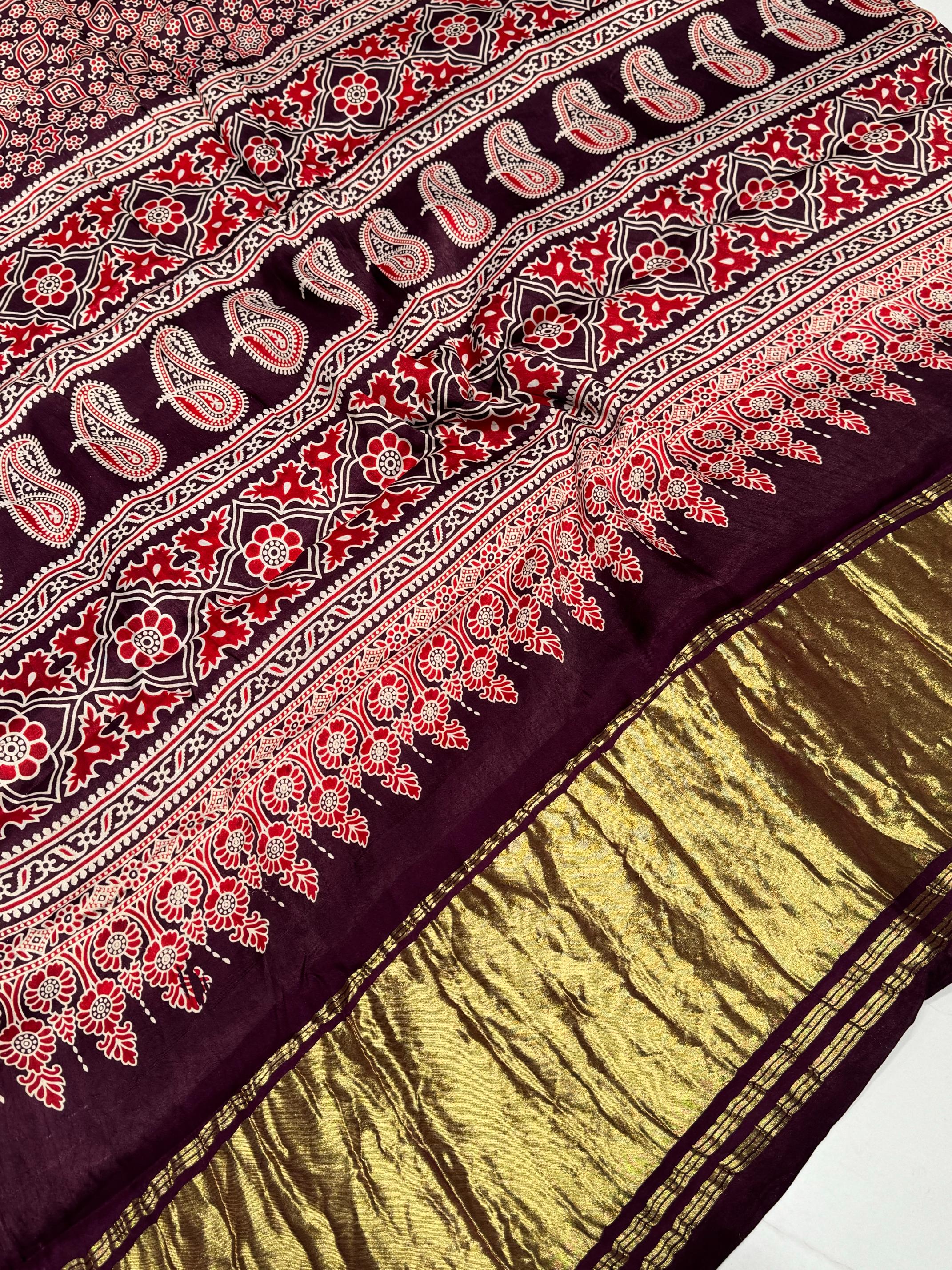 New Wine Ajrakh Hand Block Modal Silk Saree With Zari Pallu A1
