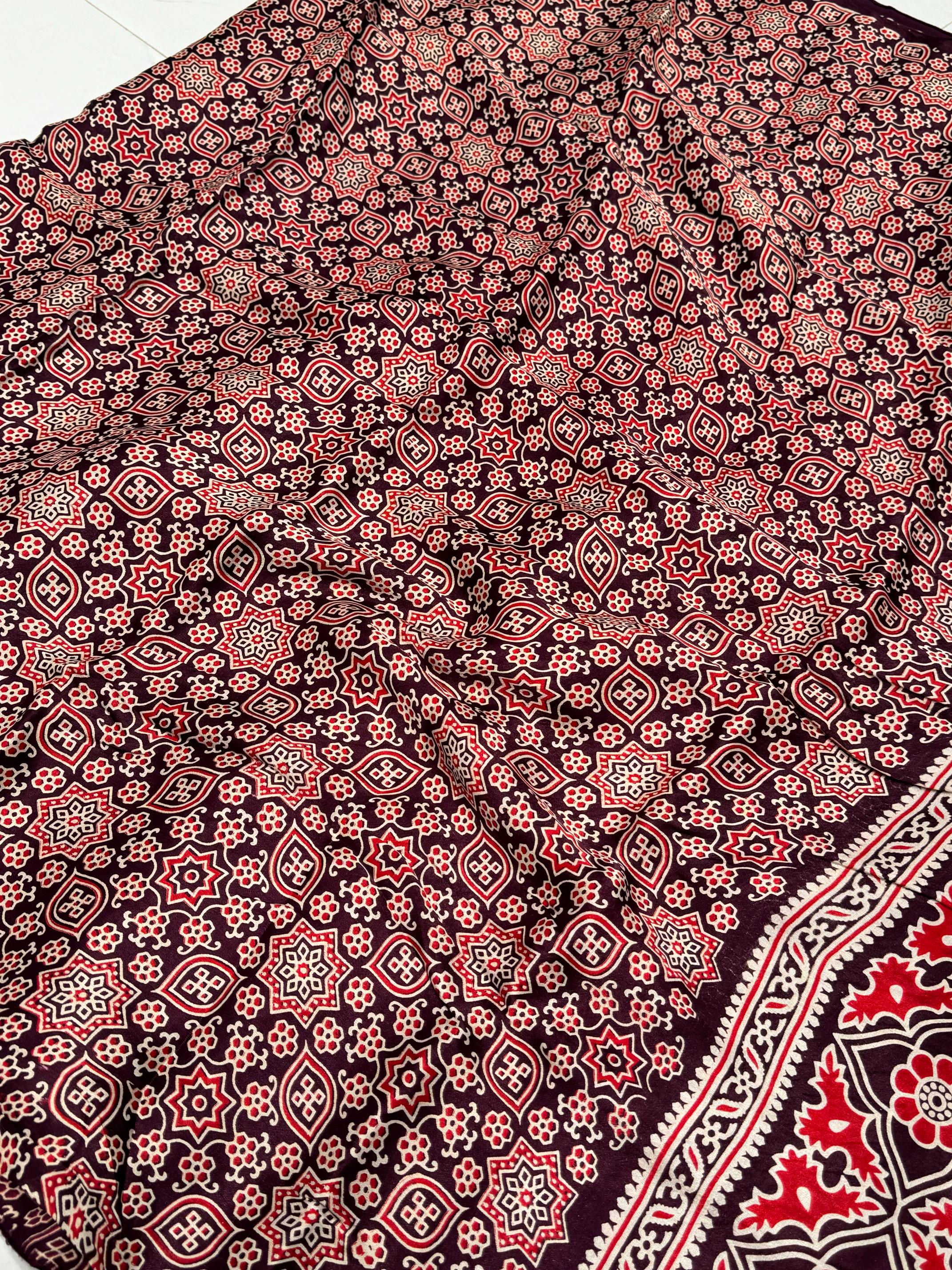 New Wine Ajrakh Hand Block Modal Silk Saree With Zari Pallu A1