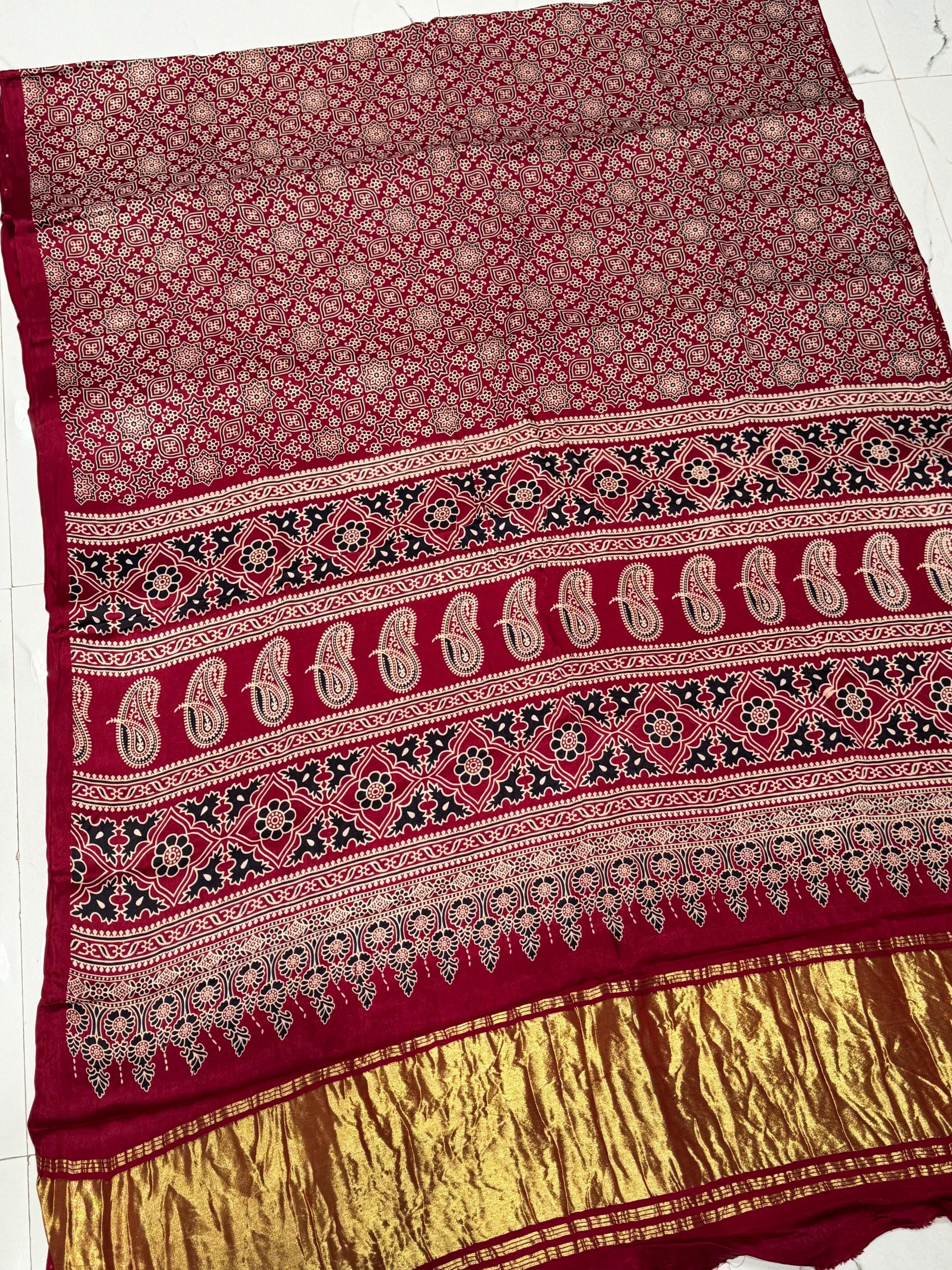 Classic Maroon Ajrakh Hand Block Modal Silk Saree With Zari Pallu A1