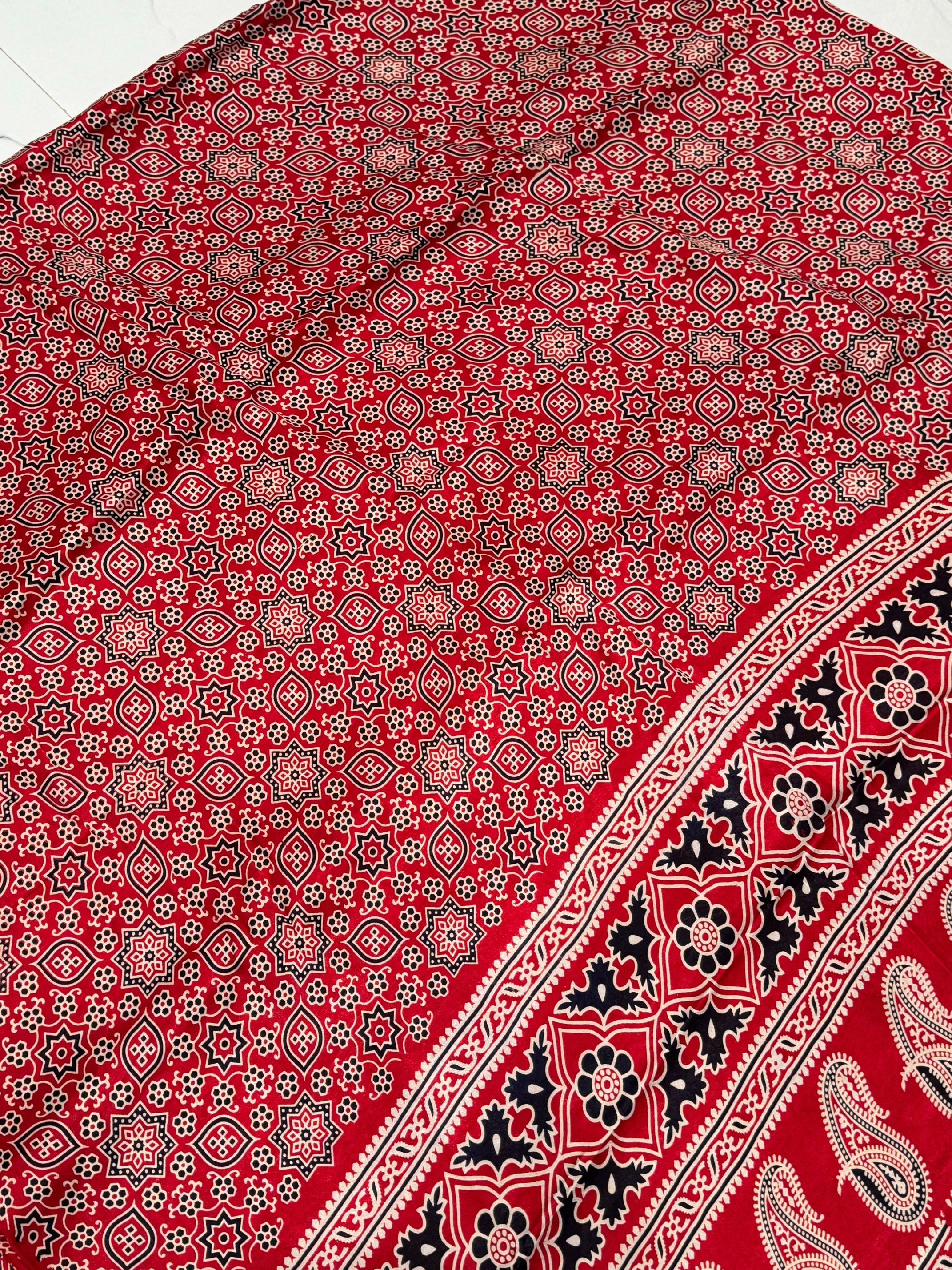 Blood Red Ajrakh Hand Block Modal Silk Saree With Zari Pallu A1