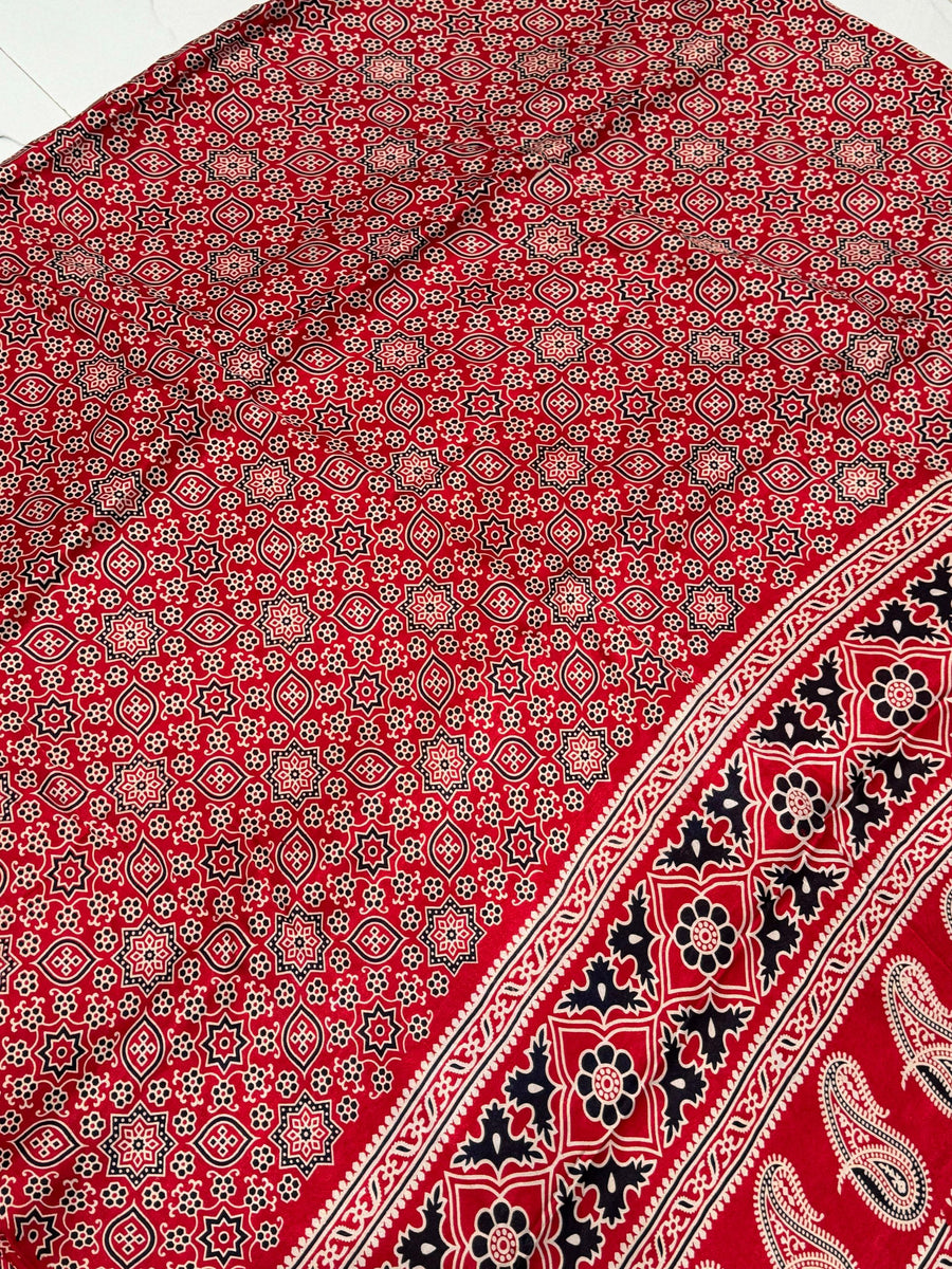 Blood Red Ajrakh Hand Block Modal Silk Saree With Zari Pallu A1 ...