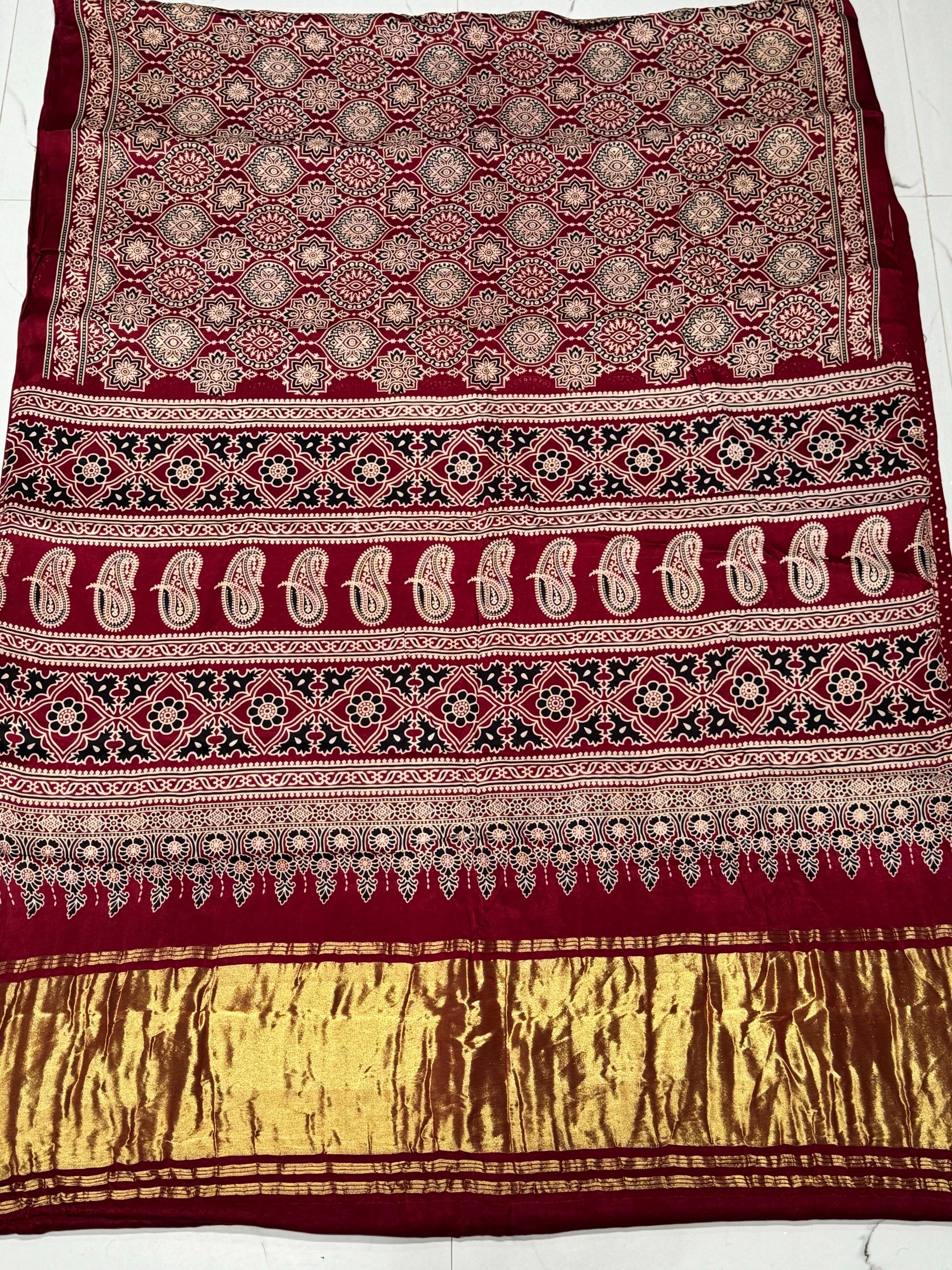 Maroon Ajrakh Hand Block Modal Silk Saree With Zari Pallu A2