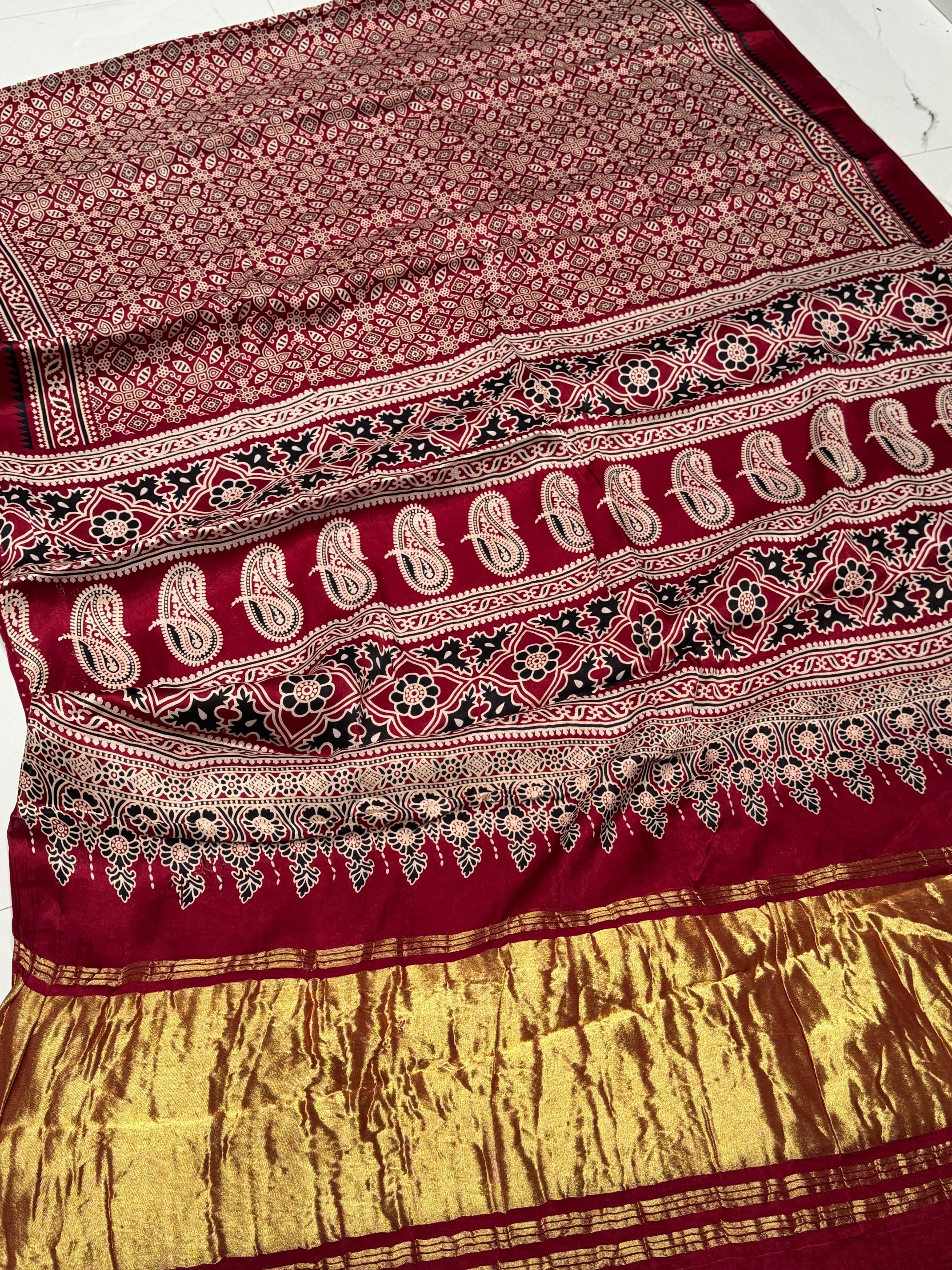 Maroon Ajrakh Hand Block Modal Silk Saree With Zari Pallu A4