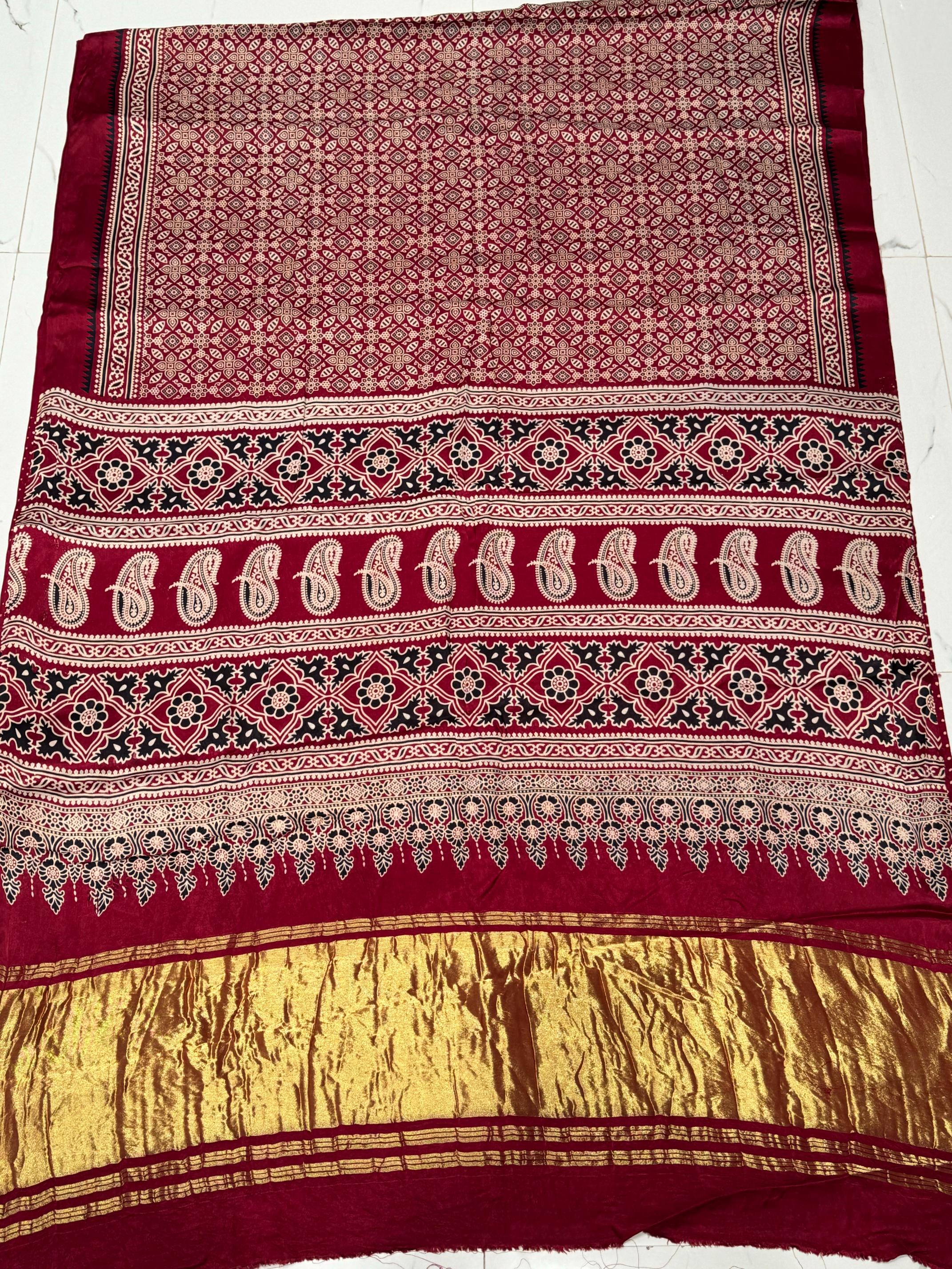 Maroon Ajrakh Hand Block Modal Silk Saree With Zari Pallu A4