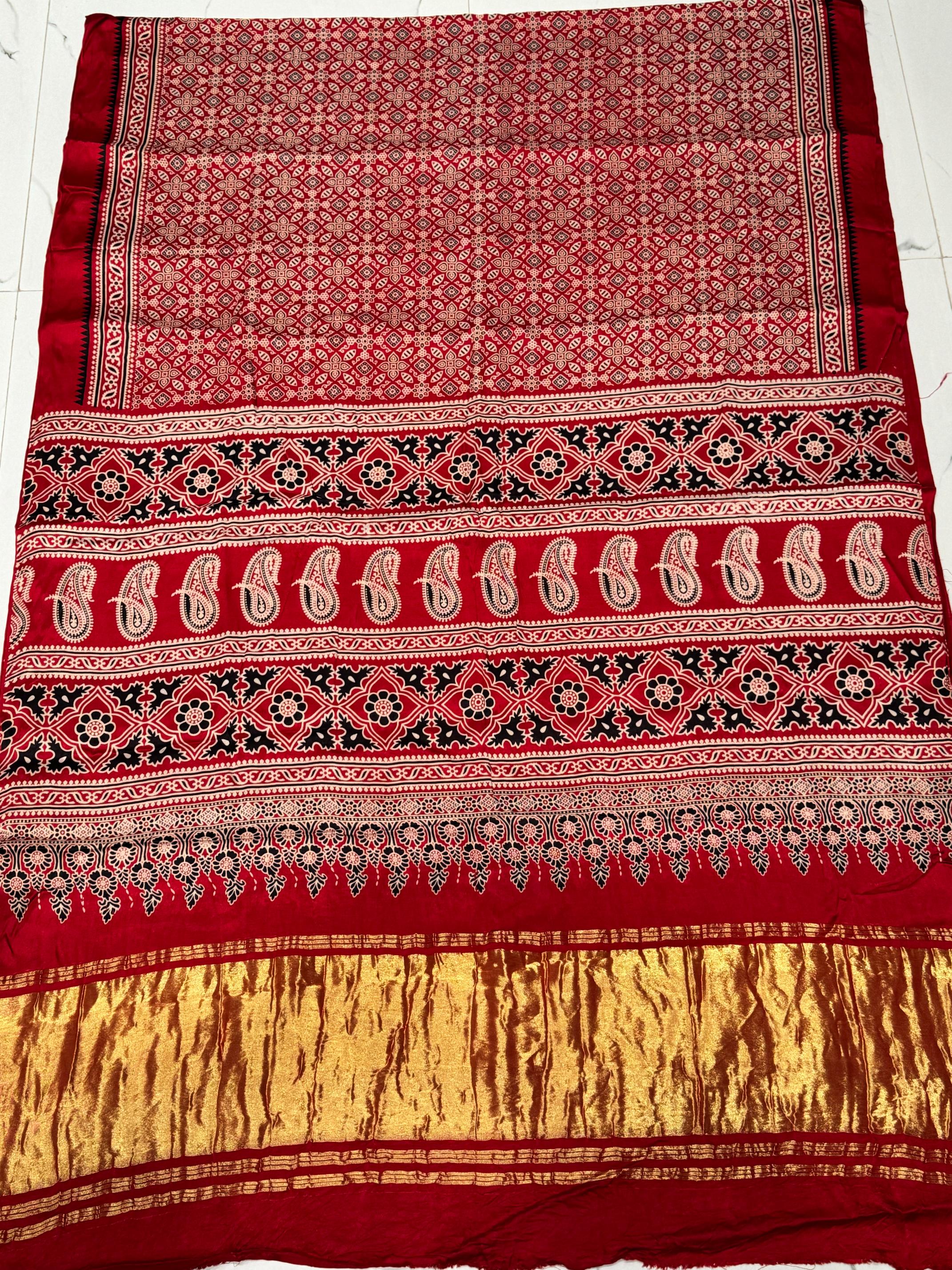 Red Ajrakh Hand Block Modal Silk Saree With Zari Pallu A4