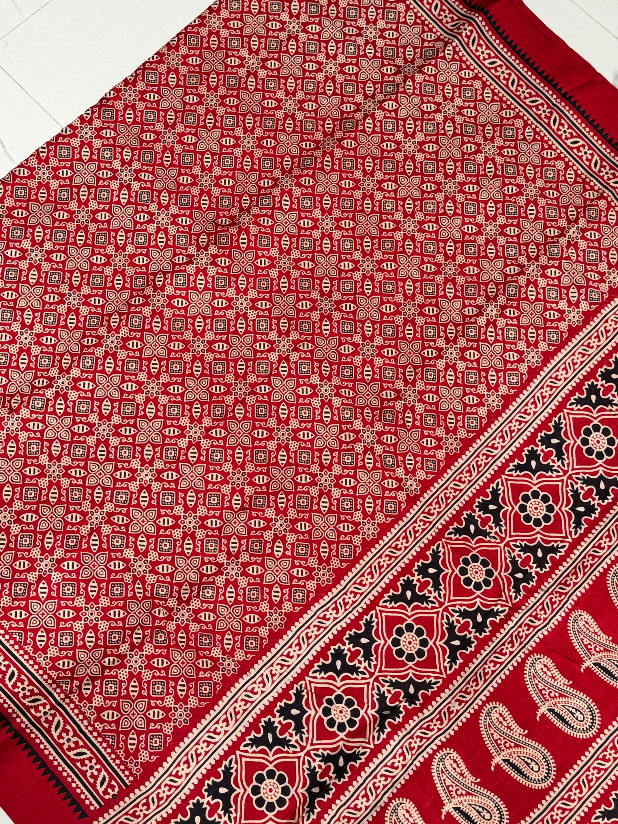 Red Ajrakh Hand Block Modal Silk Saree With Zari Pallu A4