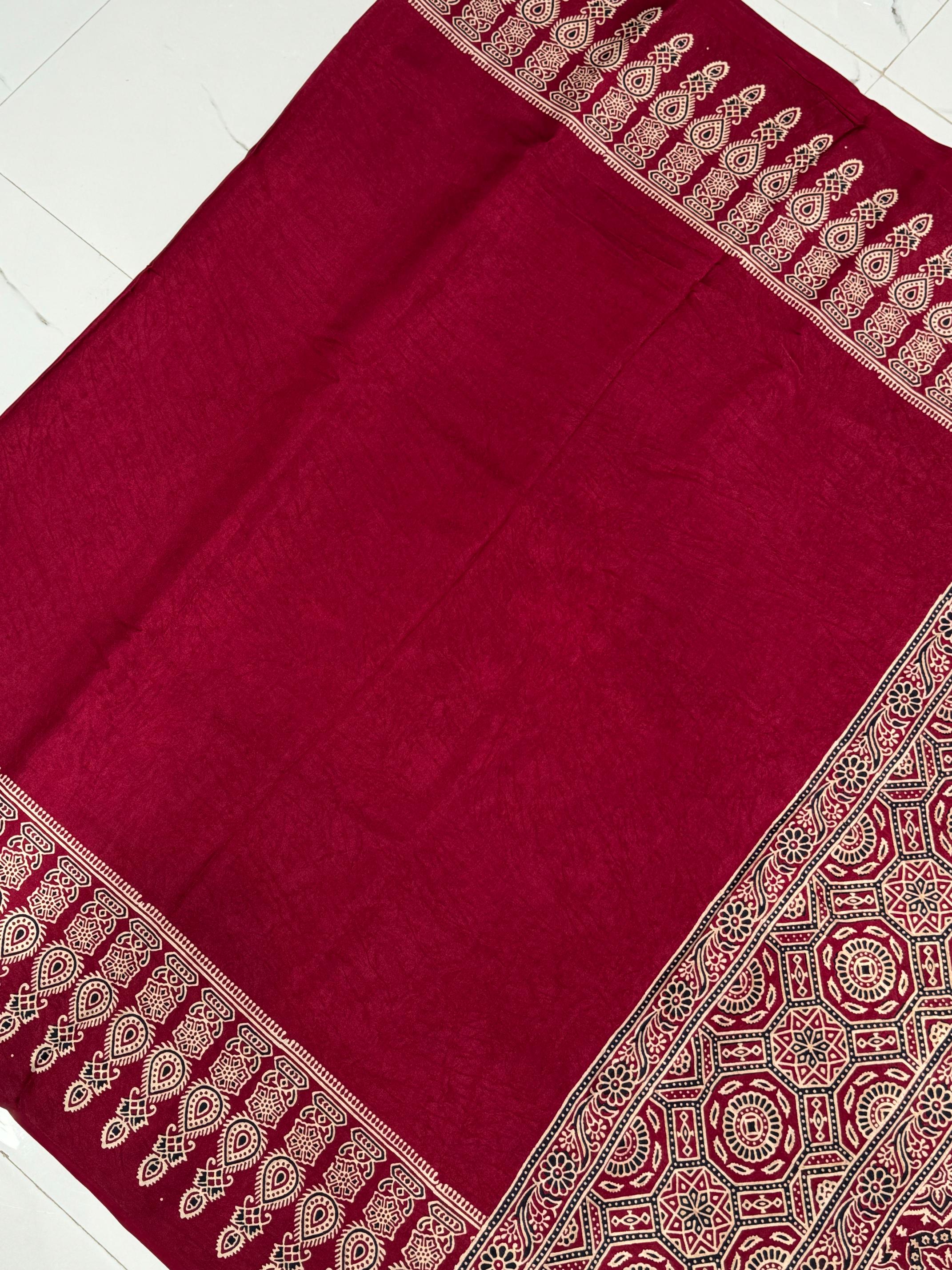 Maroon Ajrakh Hand Block Modal Silk Saree With Fancy Ajrakh Pallu and Border