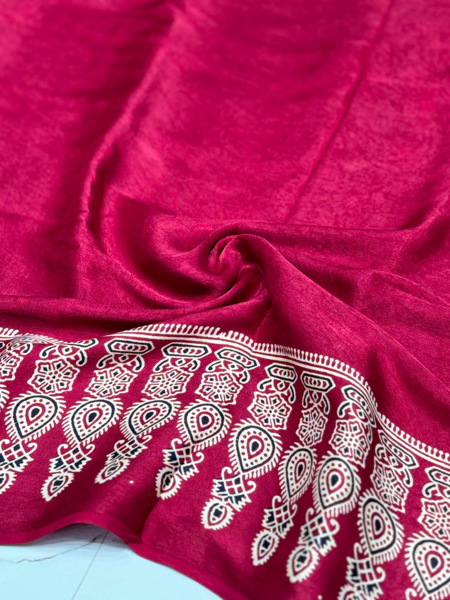 Maroon Ajrakh Hand Block Modal Silk Saree With Fancy Ajrakh Pallu and Border