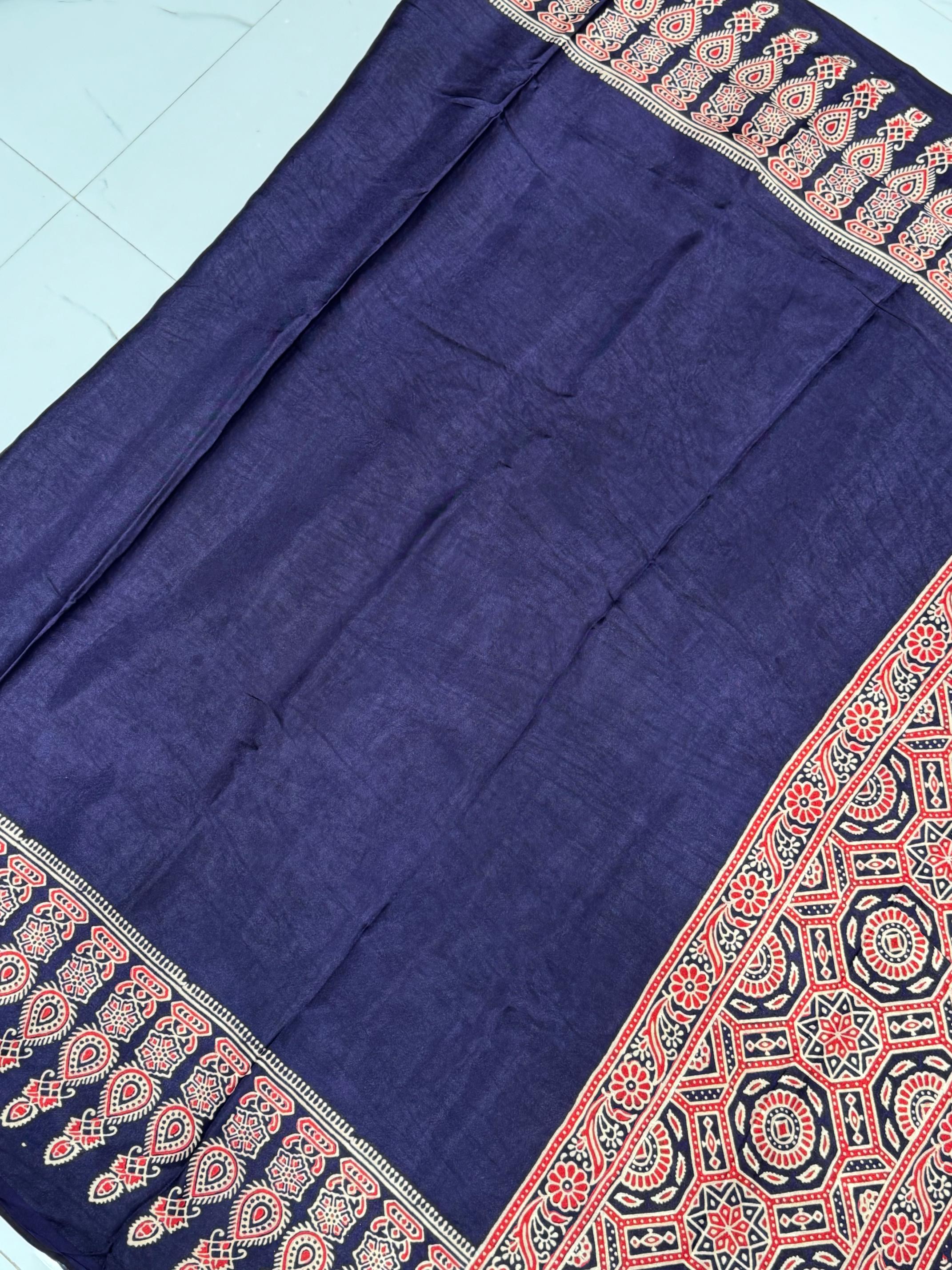 Blue Ajrakh Hand Block Modal Silk Saree With Fancy Ajrakh Pallu and Border