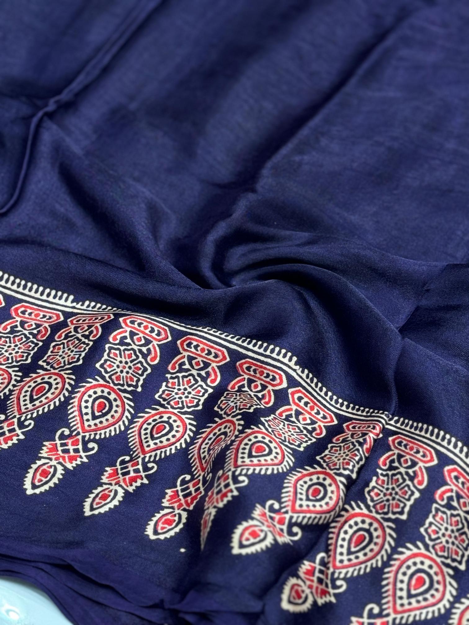 Blue Ajrakh Hand Block Modal Silk Saree With Fancy Ajrakh Pallu and Border