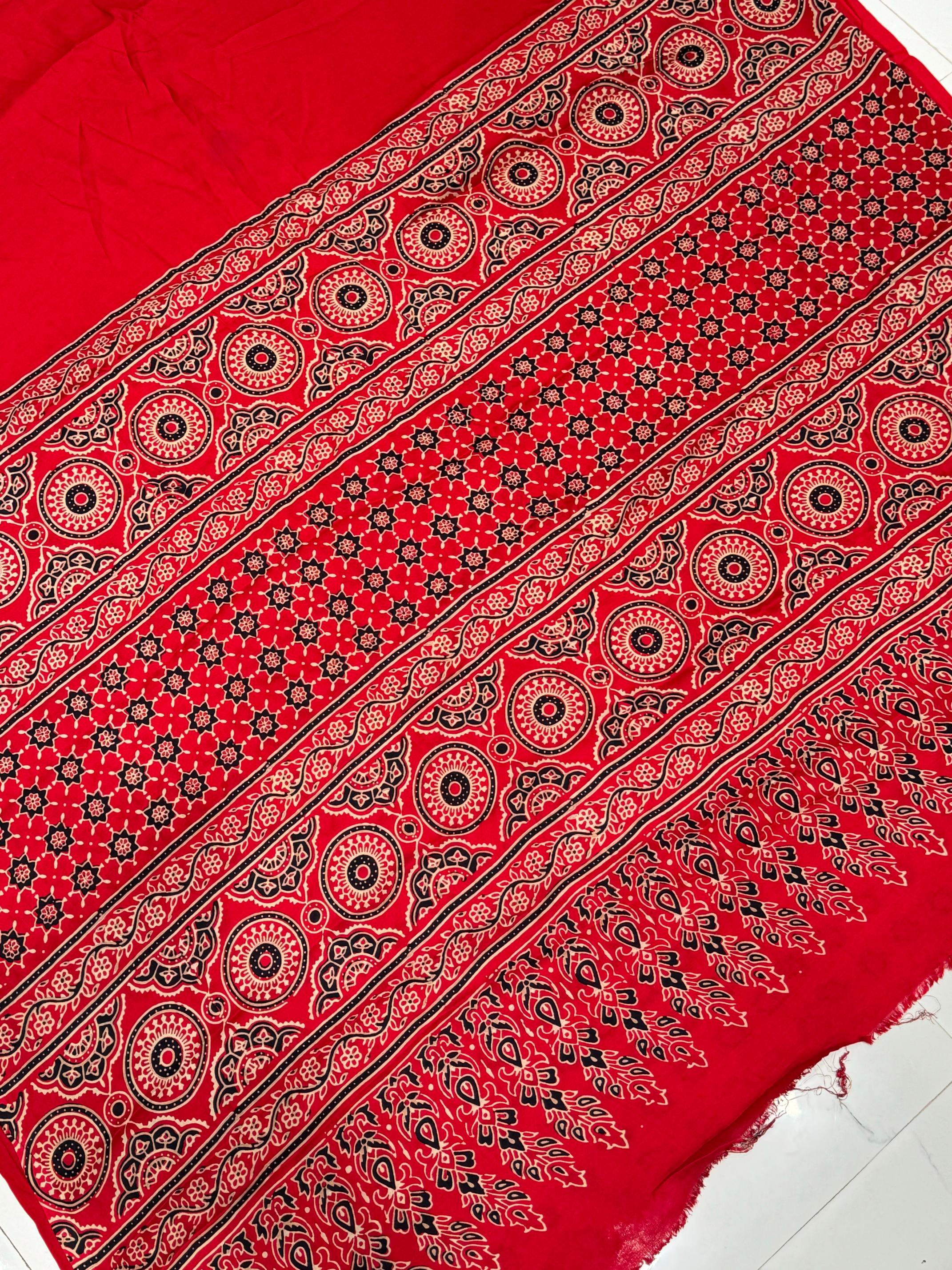 Red Ajrakh Hand Block Modal Silk Saree With Fancy Ajrakh Pallu And Border