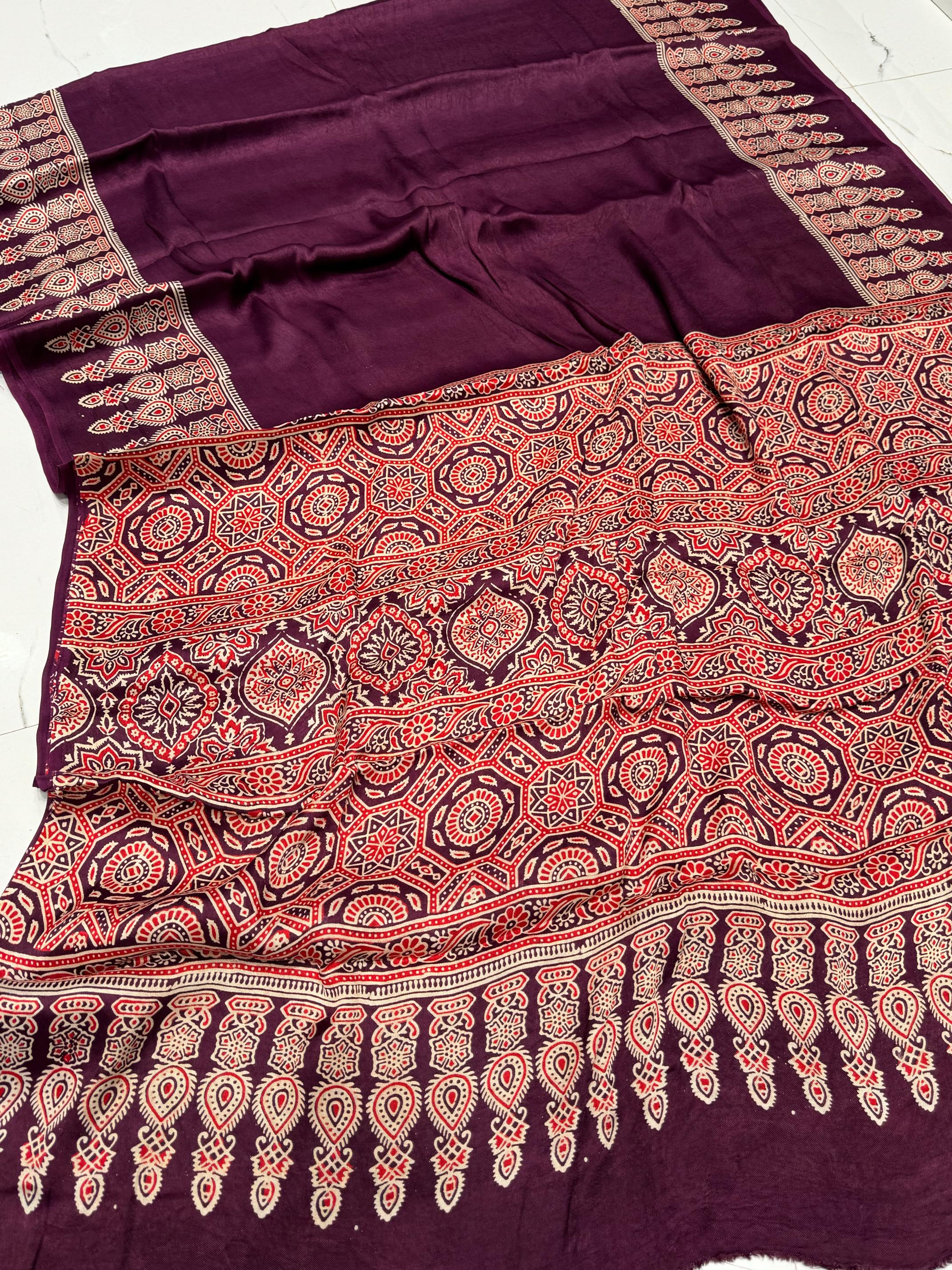 Wine Ajrakh Hand Block Modal Silk Saree With Fancy Ajrakh Pallu and Border