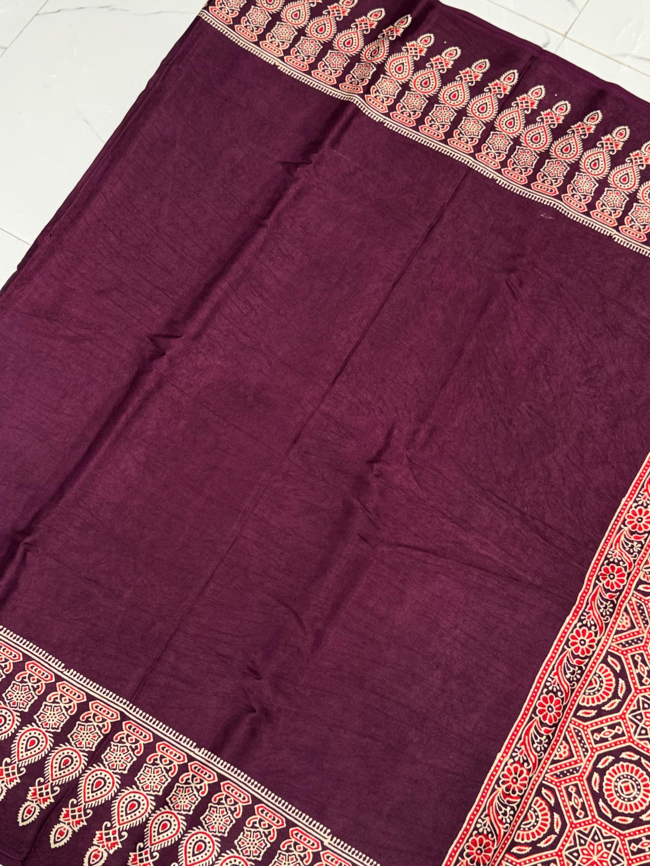 Wine Ajrakh Hand Block Modal Silk Saree With Fancy Ajrakh Pallu and Border