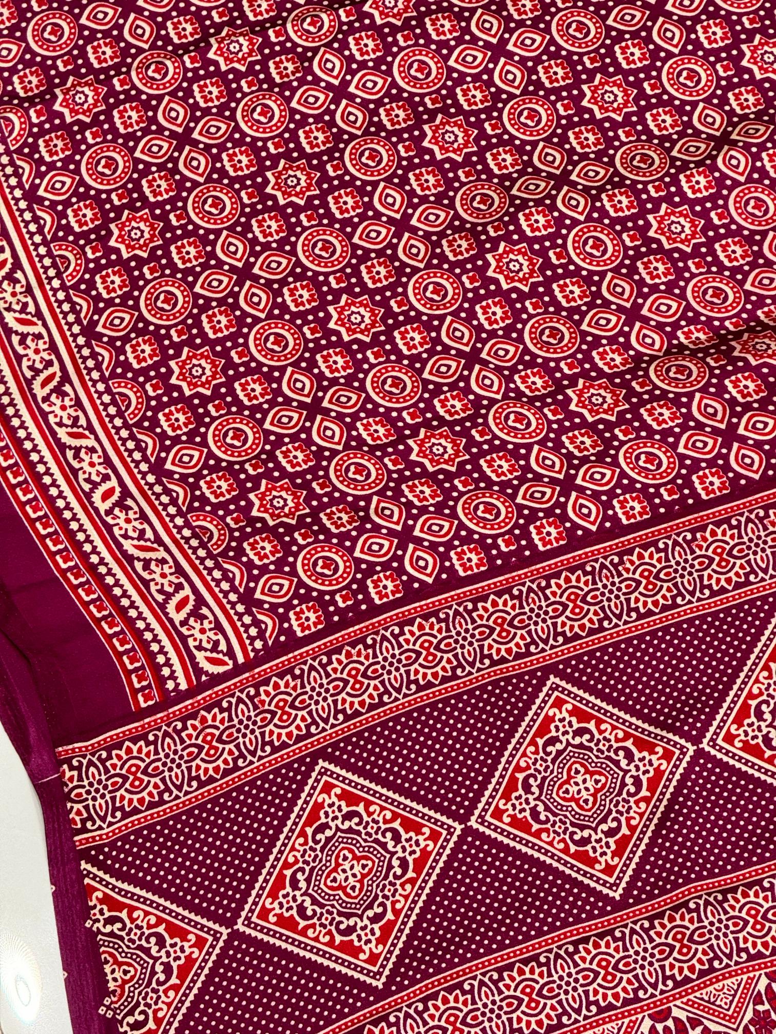 Wine Ajrakh Printed Soft Modal Silk Natural Print Saree P1