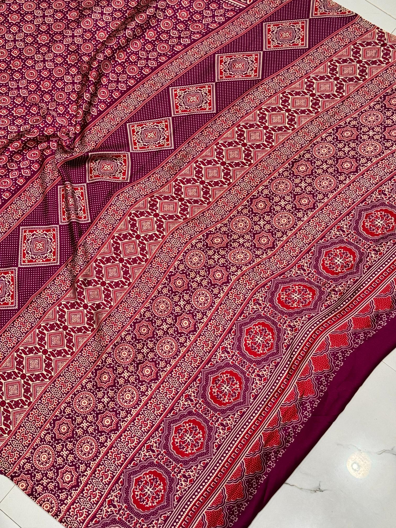 Wine Ajrakh Printed Soft Modal Silk Natural Print Saree P1