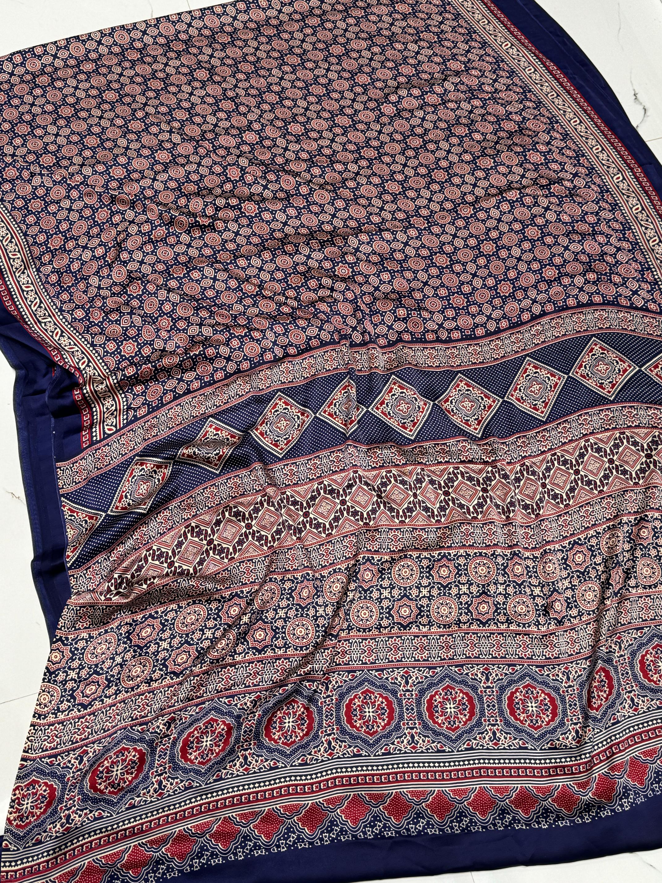 Blue Ajrakh Printed Soft Modal Silk Natural Print Saree P1