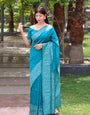 Dark Aqua Banglori Handloom Raw Silk Saree With Rich Pallu And Running Blouse Piece