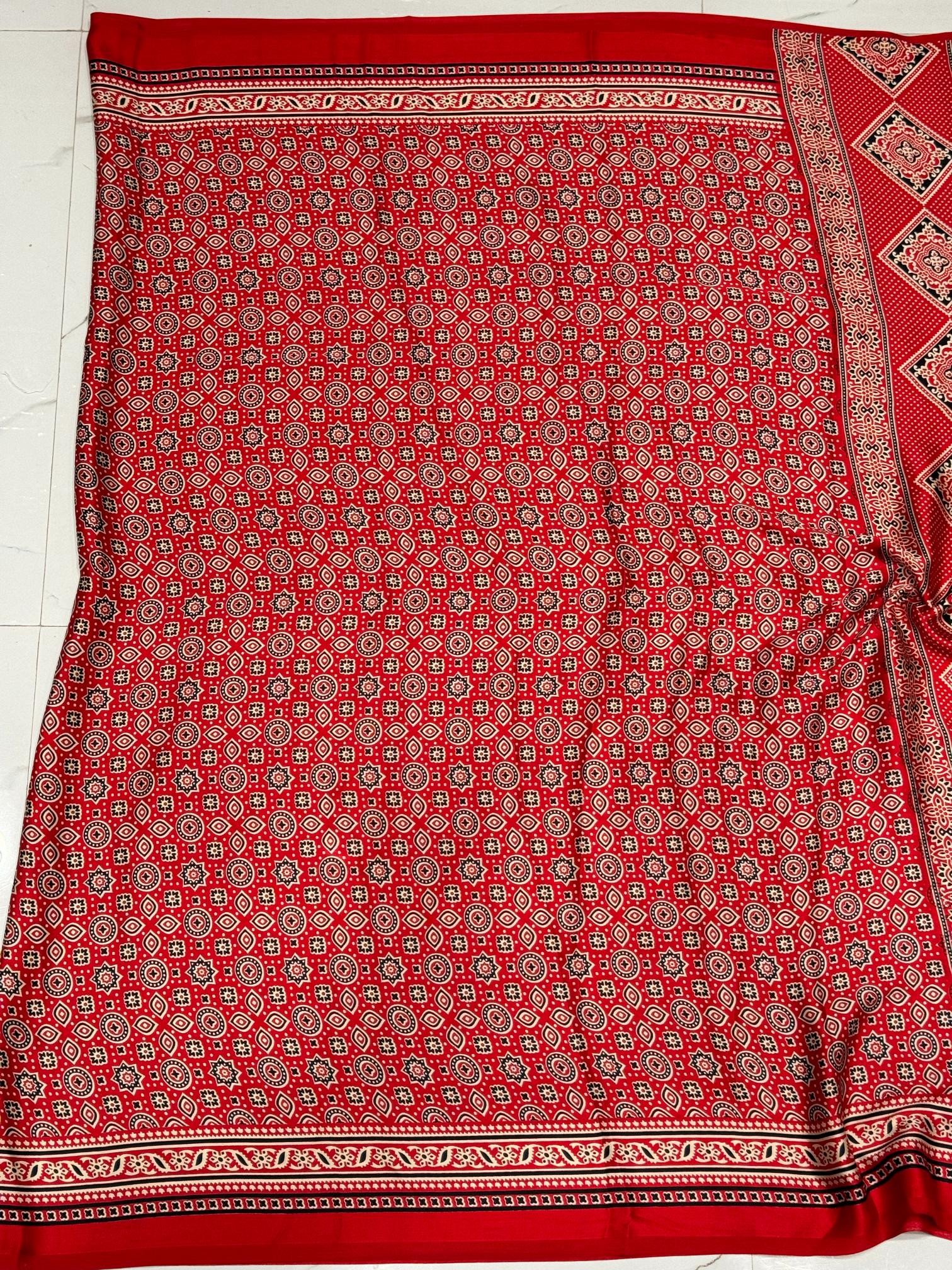 Red Ajrakh Printed Soft Modal Silk Natural Print Saree P1