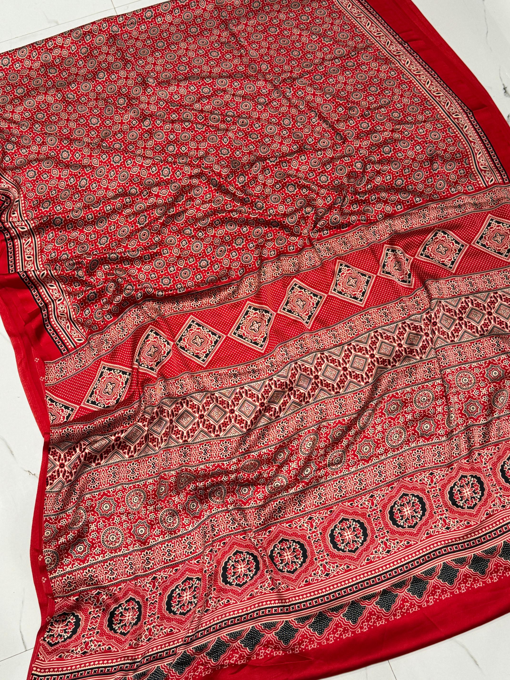 Red Ajrakh Printed Soft Modal Silk Natural Print Saree P1