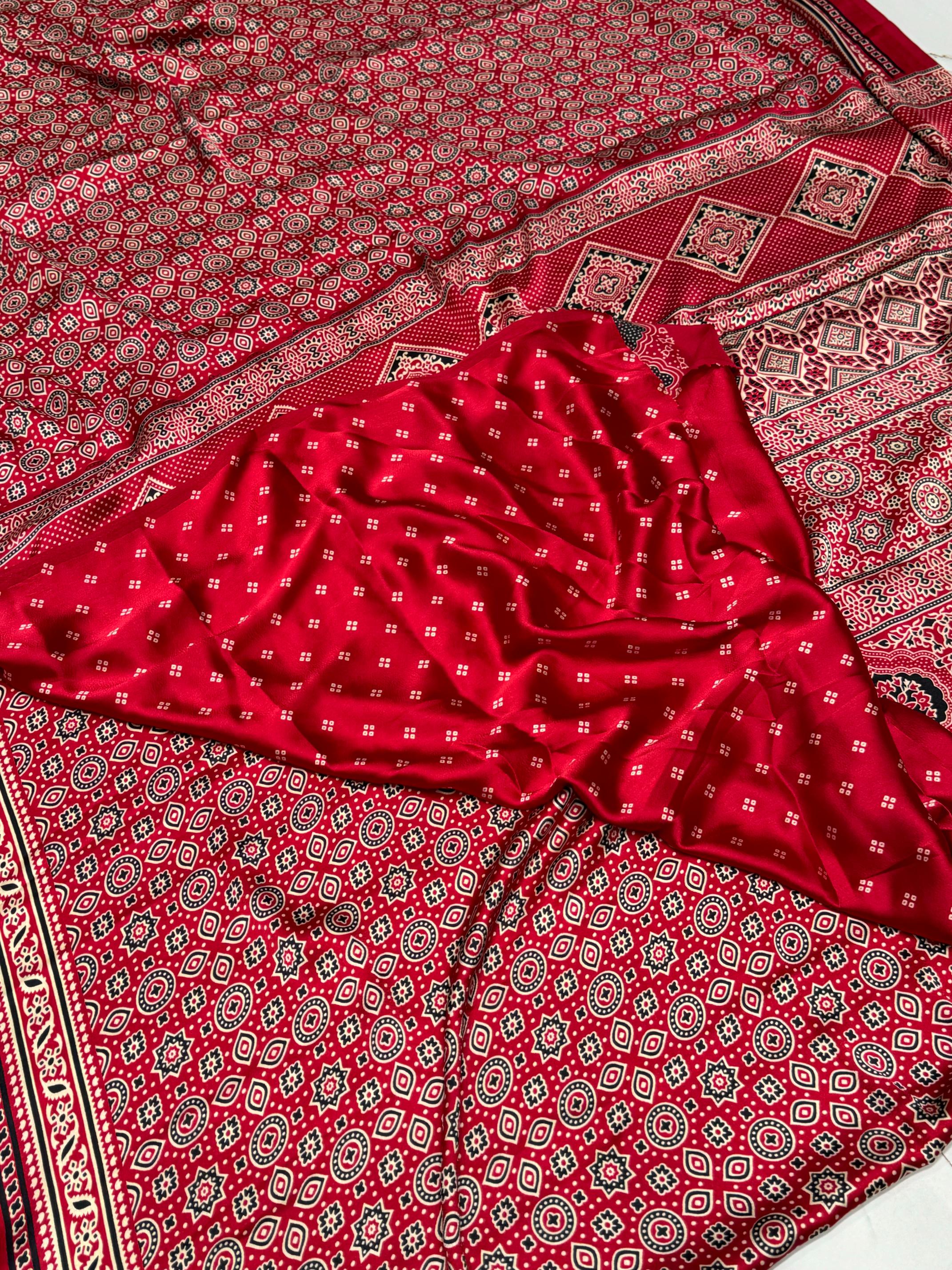 Maroon Ajrakh Printed Soft Modal Silk Natural Print Saree P1