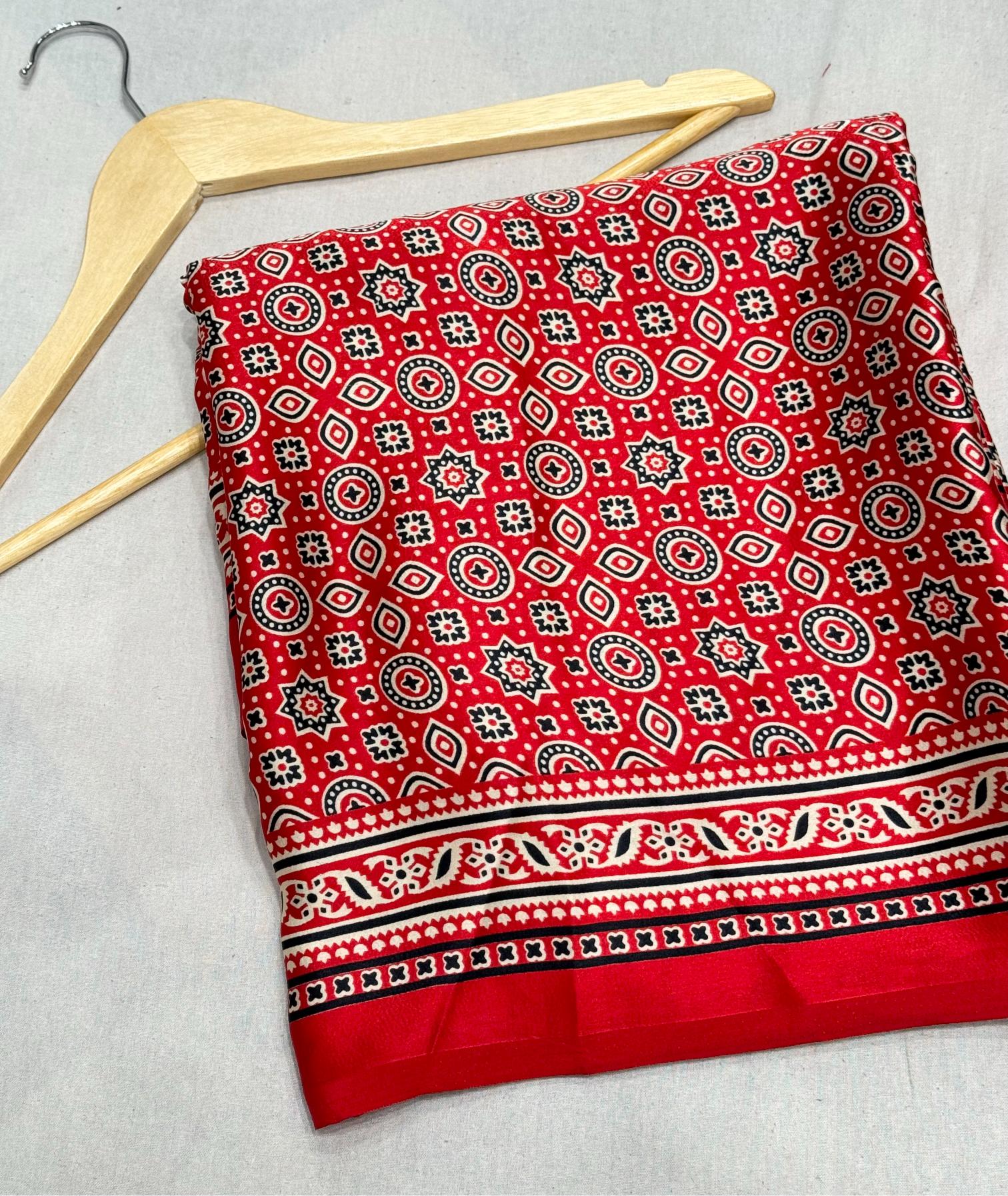 Red Ajrakh Printed Soft Modal Silk Natural Print Saree P1