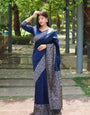 Nile Blue Banglori Handloom Raw Silk Saree With Rich Pallu And Running Blouse Piece