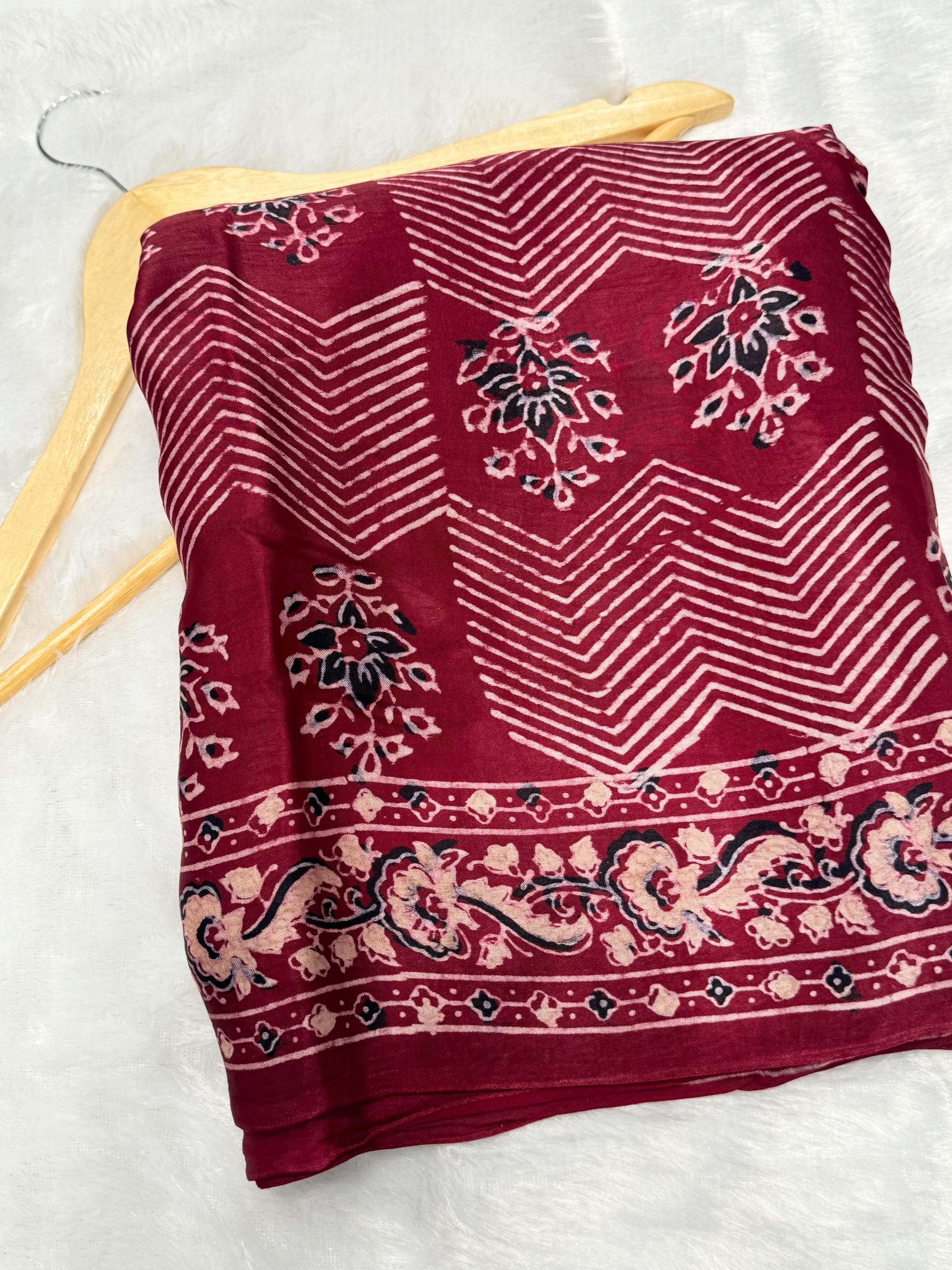 Classic Maroon Ajrakh Pure Hand Made Modal Silk Saree Fancy Ajrakh Pallu 07