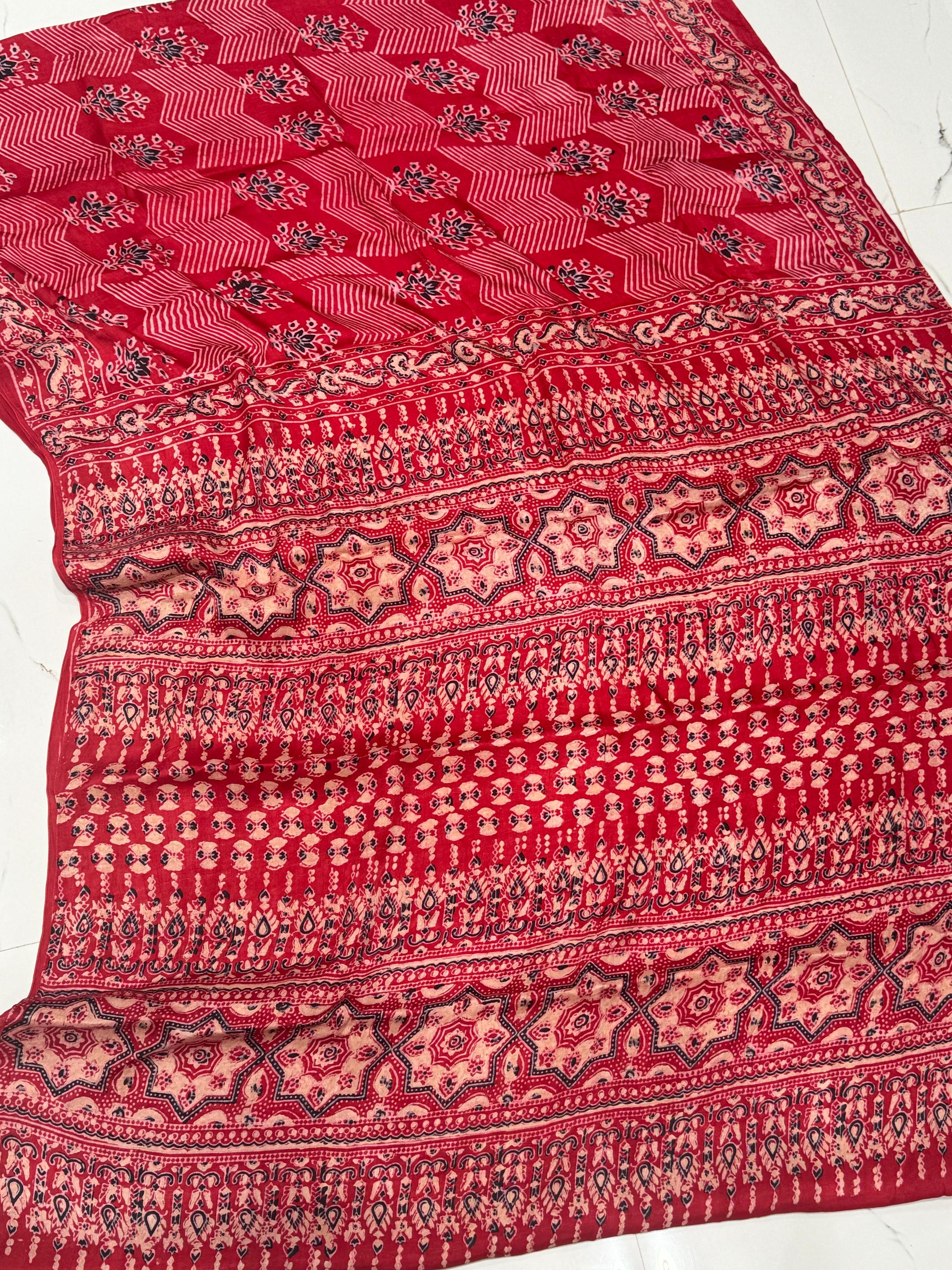 Red Ajrakh Pure Hand Made Modal Silk Saree Fancy Ajrakh Pallu 07