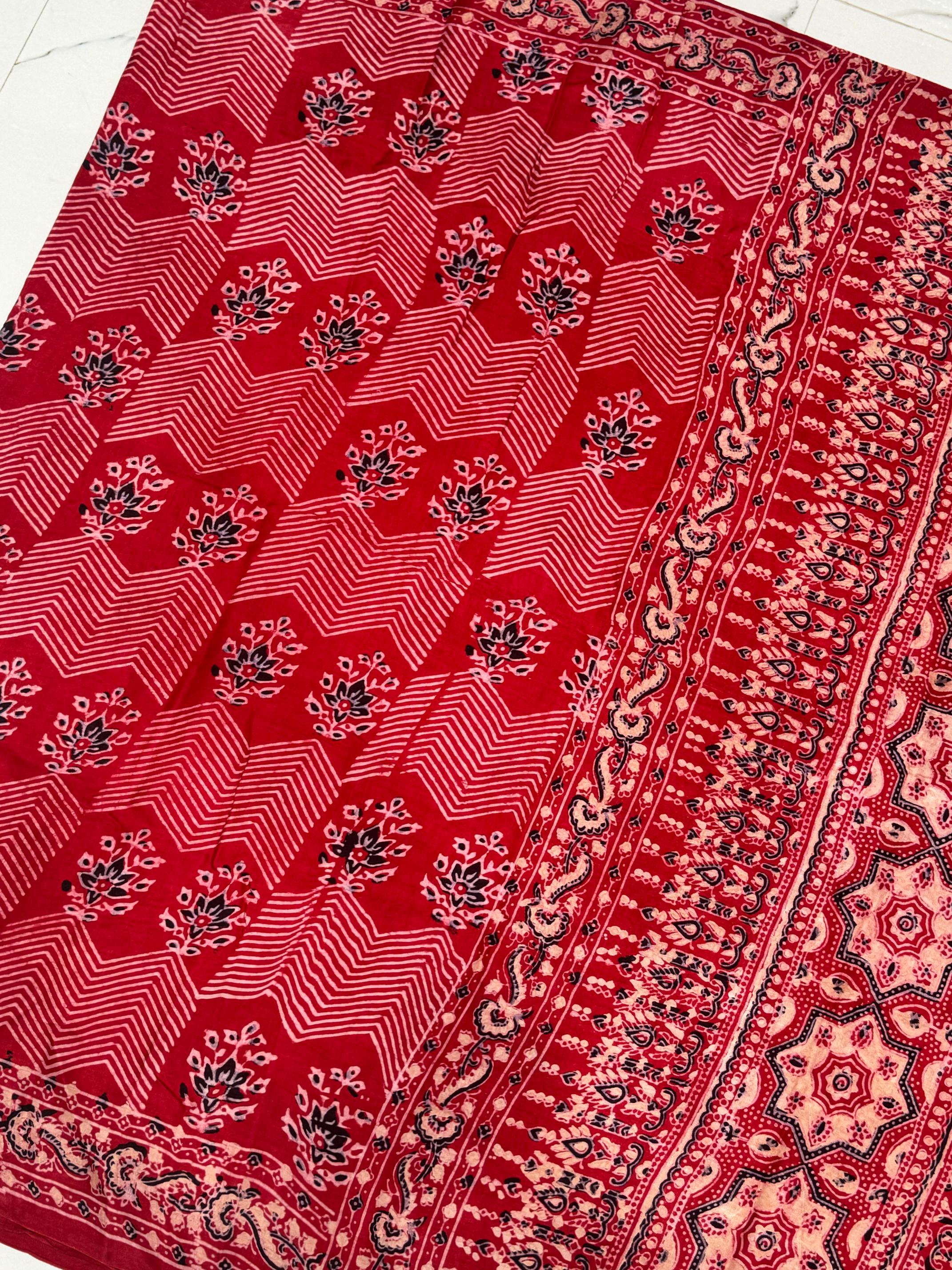 Red Ajrakh Pure Hand Made Modal Silk Saree Fancy Ajrakh Pallu 07